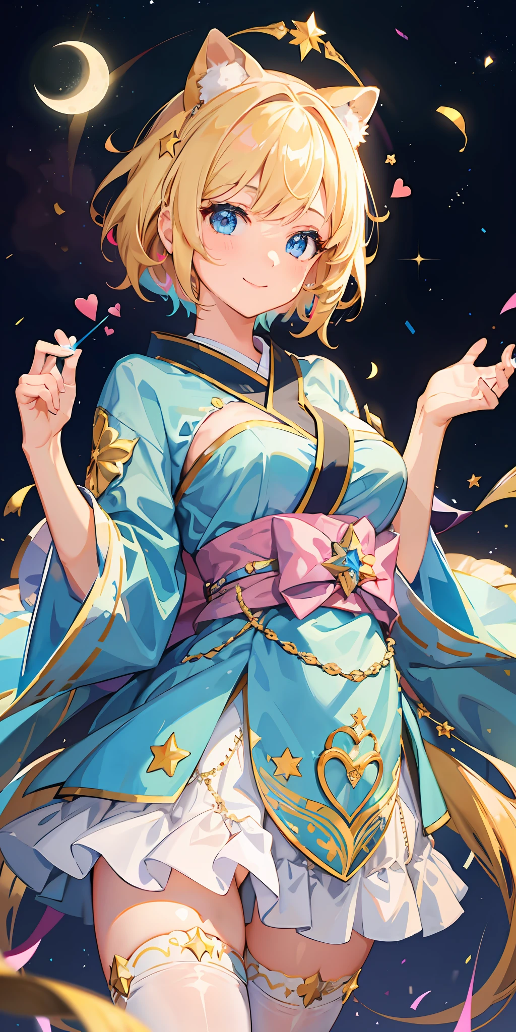 1girl, bright, blonde, light blue eyes, heart motif, star, moon, short hair, uniform bangs, multicolored hair, princess, saleme, side lights, light particles, wallpaper, big, plump, idol, idol costume, cute costume, fabulous costume, kimono, loose, smile, gentle, clear, loli, sexy