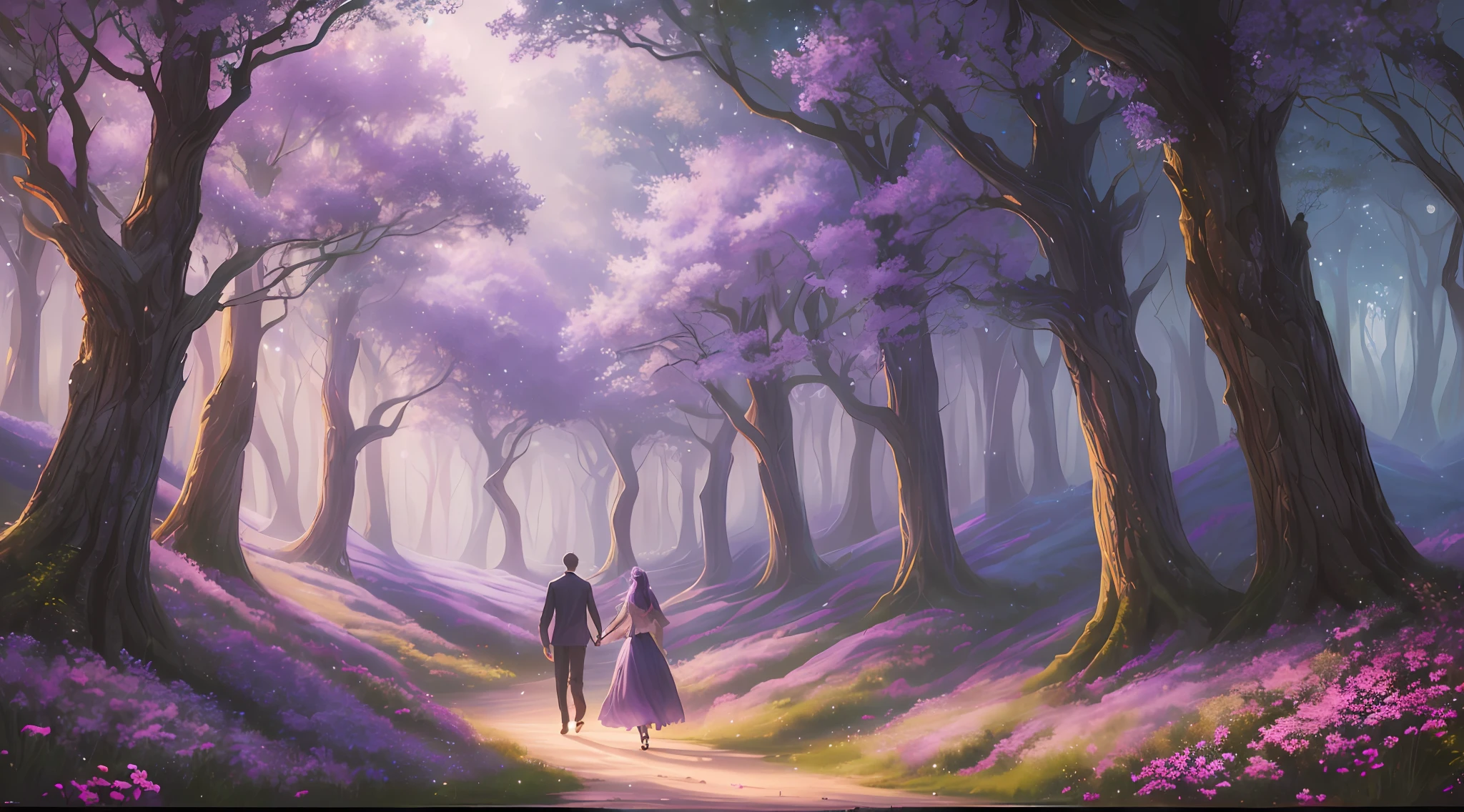 painting of two people walking through a forest with purple flowers, magical fantasy forest, enchanted magical fantasy forest, magical forest in the background, lost in a dreamy fairy landscape, in a magical forest, enchanted and magic forest, magical forest, in the magical forest, magical environment, fantasy forest, magical forest backround, fairytale forest, fantasy forest landscape, magical concept art