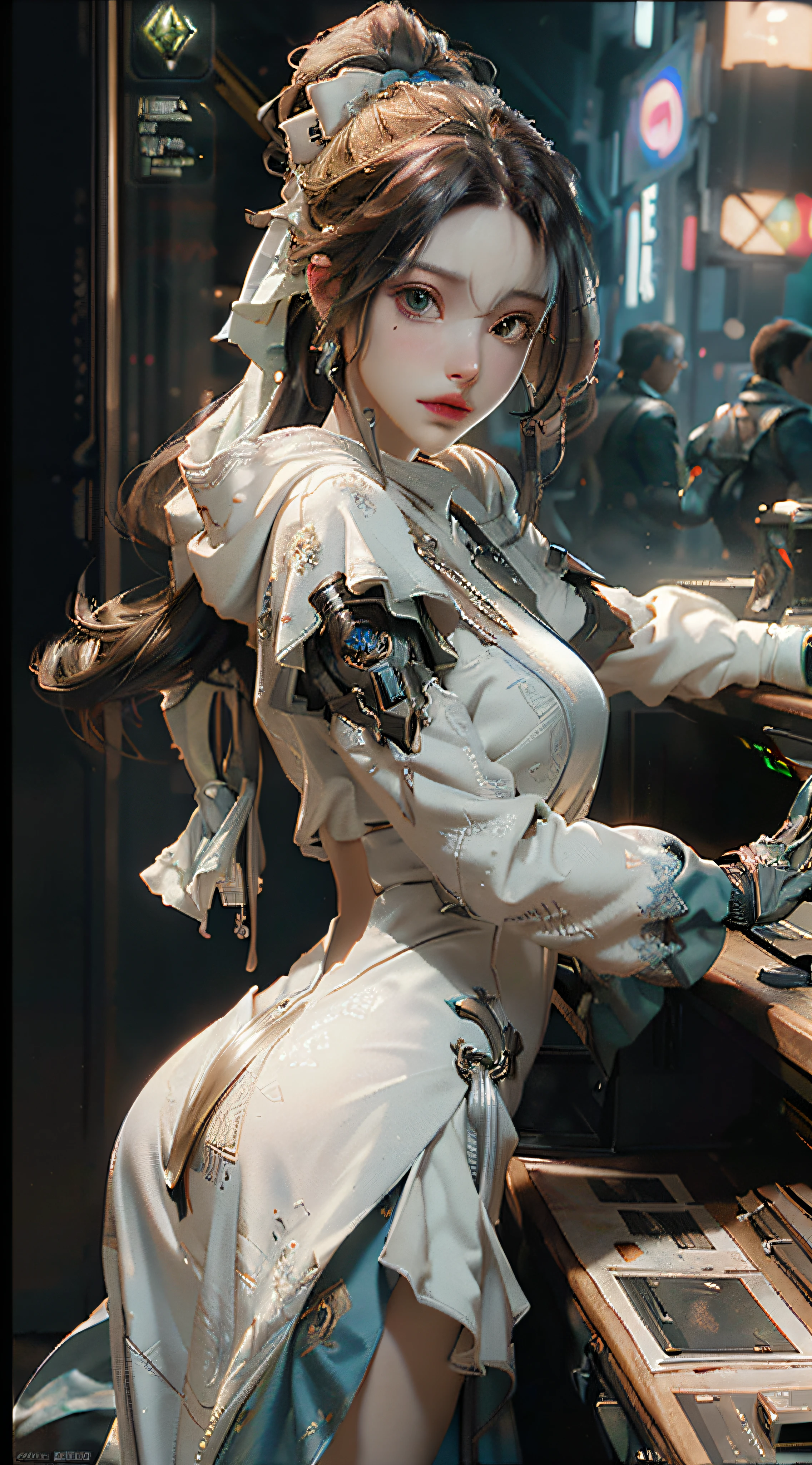 ((Best quality)), ((masterpiece)), (detailed:1.4), 3D, an image of a beautiful cyberpunk female,HDR (High Dynamic Range),Ray Tracing,NVIDIA RTX,Super-Resolution,Unreal 5,Subsurface scattering,PBR Texturing,Post-processing,Anisotropic Filtering,Depth-of-field,Maximum clarity and sharpness,Multi-layered textures,Albedo and Specular maps,Surface shading,Accurate simulation of light-material interaction,Perfect proportions,Octane Render,Two-tone lighting,Wide aperture,Low ISO,White balance,Rule of thirds,8K RAW,