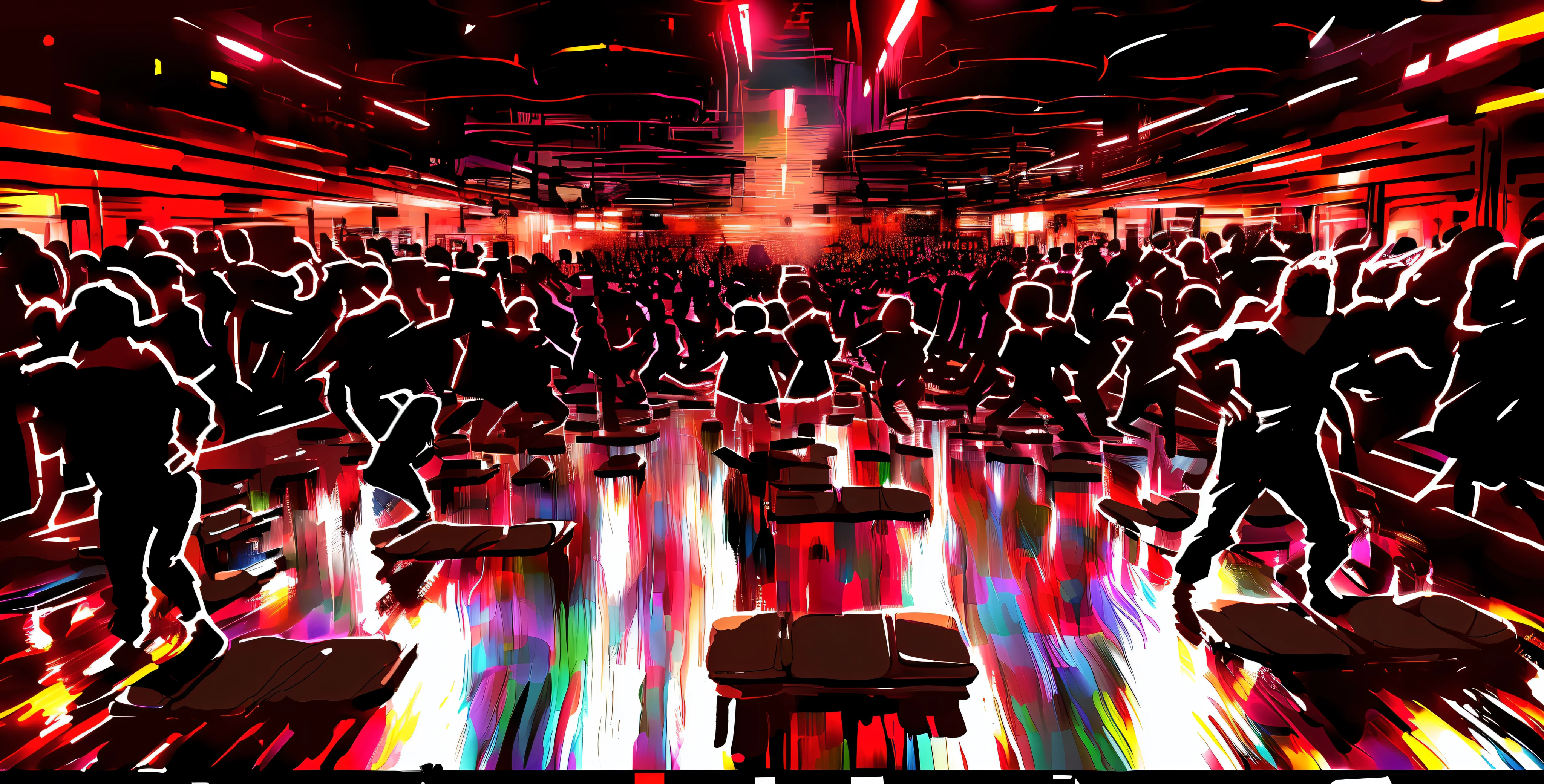 a drawing of a group of people standing in a room, crowd of cool people dancing, people dancing in background, dancefloor, dancing people, background a gym, digital sketch, sketched 4k, dance hall background, in a nightclub, line sketch, people dancing, digital drawing, intense black line art, abstract mosh pit, black line art, dance scene --auto --s2