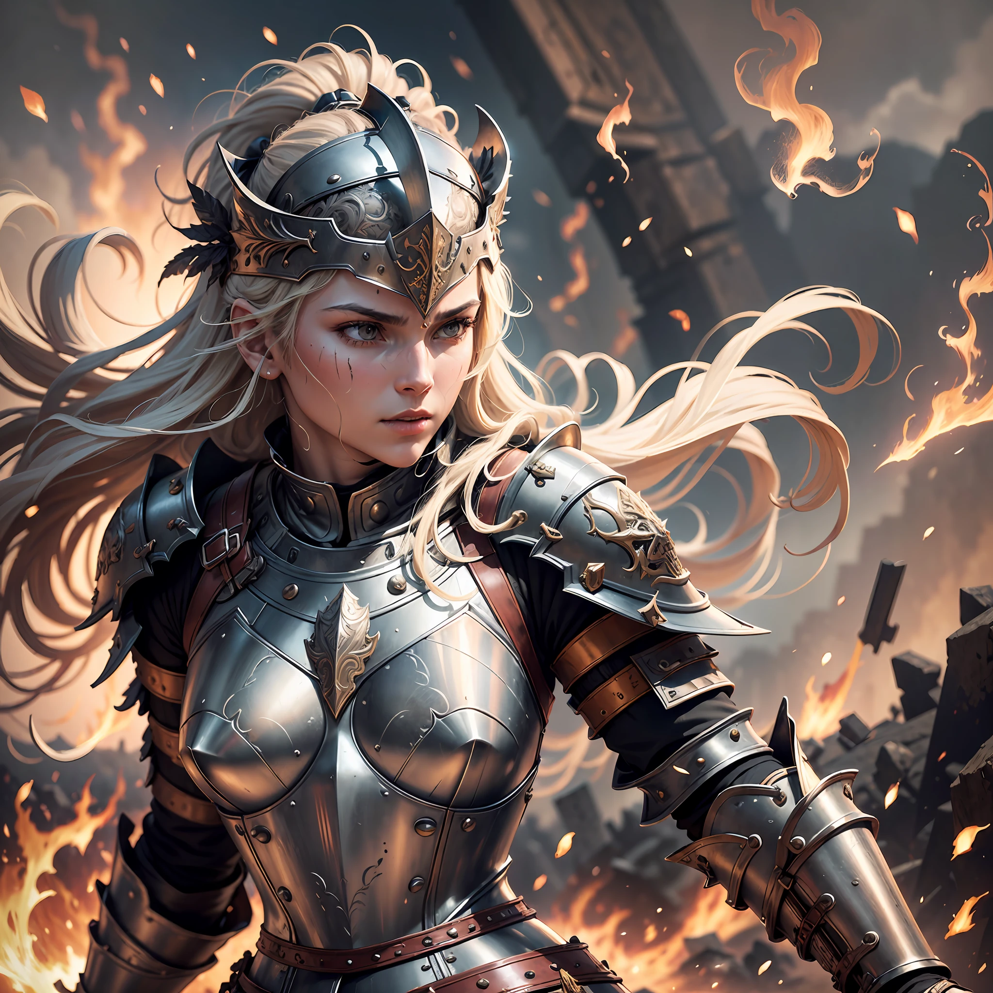 (masterpiece, high resolution, photorealistic:1.3), a medieval warrior woman donned in a gleaming suit of metal armor strides through a battlefield engulfed in flames and bloodshed. Her armor reflects the light, creating an awe-inspiring sight. She exudes strength and determination as she navigates through the chaos of war. The battle maiden's armor is intricately crafted, featuring ornate engravings and delicate detailing that speaks of her noble lineage. Her helmet conceals her face, leaving only her fierce gaze visible through the visor. The field around her is strewn with fallen soldiers and engulfed in the fiery aftermath of the conflict. The image captures the intensity and brutality of war, while highlighting the resolute spirit of the warrior woman who stands tall amidst the chaos.

Note: The provided description has been translated into English, and an image prompt has been generated based on the details given. The prompt depicts a medieval warrior woman wearing a radiant suit of metal armor, walking through a battlefield filled with blood and fire. The armor reflects light, creating a visually stunning effect. The woman embodies strength and determination as she moves through the tumultuous warzone. Her armor is intricately designed, featuring exquisite engravings and intricate details that showcase her noble heritage. With her face hidden behind a helmet, only her fierce gaze is visible through the visor. The battlefield is depicted with fallen soldiers and a backdrop of raging flames, emphasizing the chaotic aftermath of the conflict. The image prompt captures the intense and brutal nature of war, while emphasizing the unwavering spirit of the warrior woman who stands tall amidst the chaos. With the use of depth of field (DOF), super-resolution, and high megapixel rendering, every element comes to life with cinematic lightning and anti-aliasing techniques like FKAA, TXAA, and RTX. The addition of SSAO (Screen Space Ambient Occlusion) and various post-pro