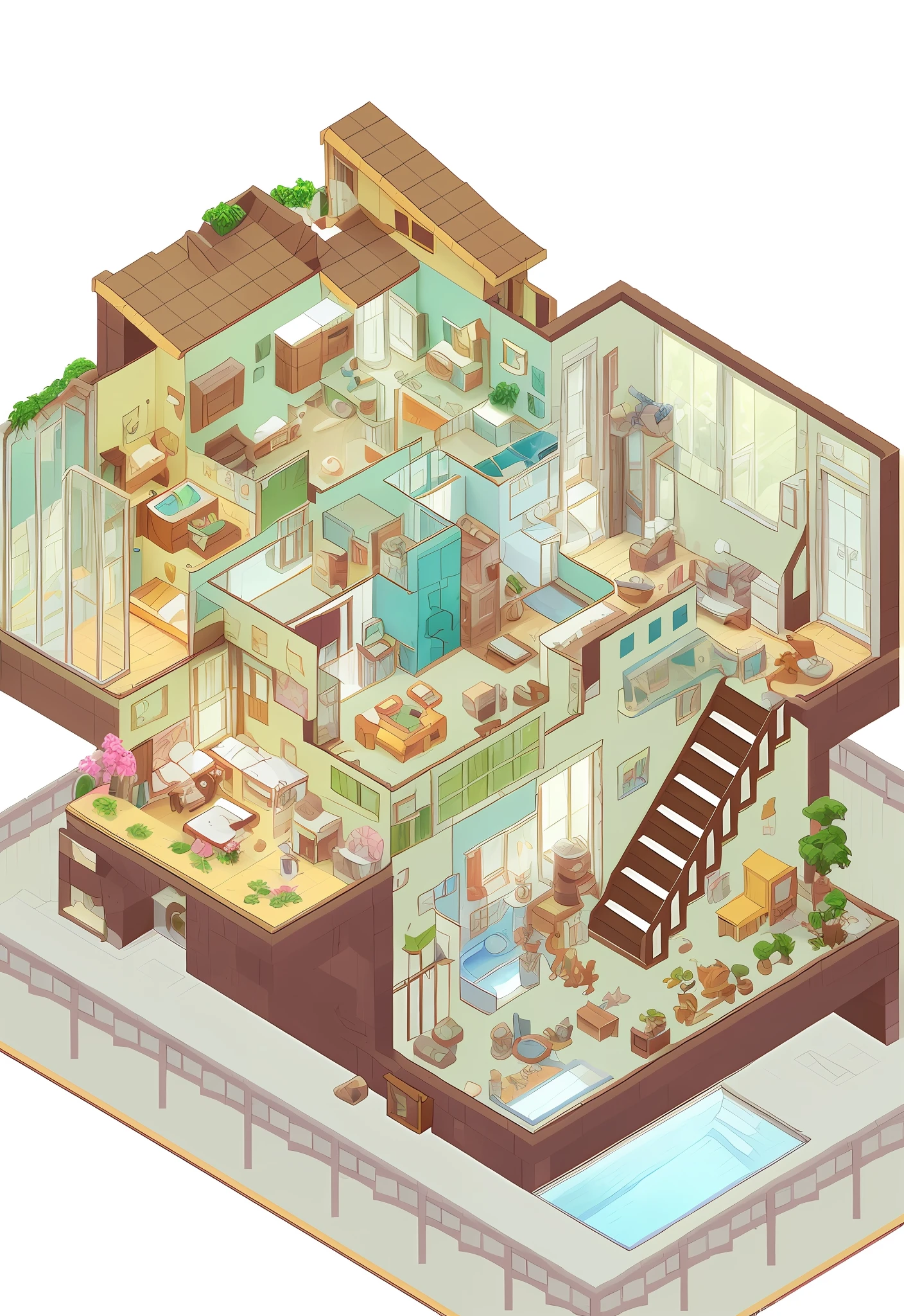 arafed house with a pool and a staircase leading to the second floor, isometric 8k, isometric art, isometric illustration, isometric illustration fun, isometric game art, isometric style, isometric house, very detailed isometric, incredible isometric screenshot, isometric invironment, isometric 3d render, isometric 2 d game art