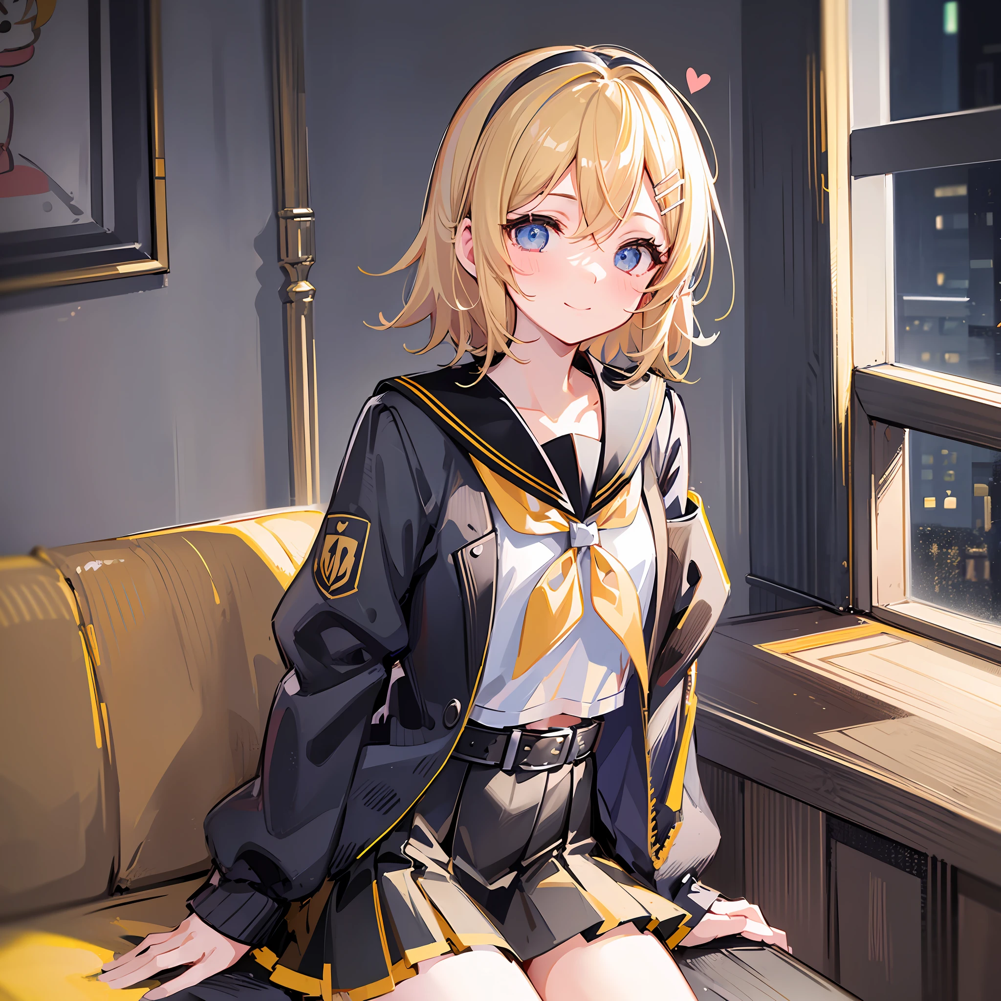 (masterpiece), (best quality), (illustration), (super detailed), (high resolution), absurdity, one girl, (Kagamine_Rin), (vocaloid), shoulders are cut off, short hair, hair clip, blush, (blonde), very cute girl, small, young, delicate, attention to girl, living room, rough outfit, cute, girlfriend, smile, best moment, sailor suit, Black skirt, mini skirt, yellow neckerchief, belt, blue eyes, bright eyes, cool cute, sitting, thighs, heart mark on background, pampering, upward looking, love love
