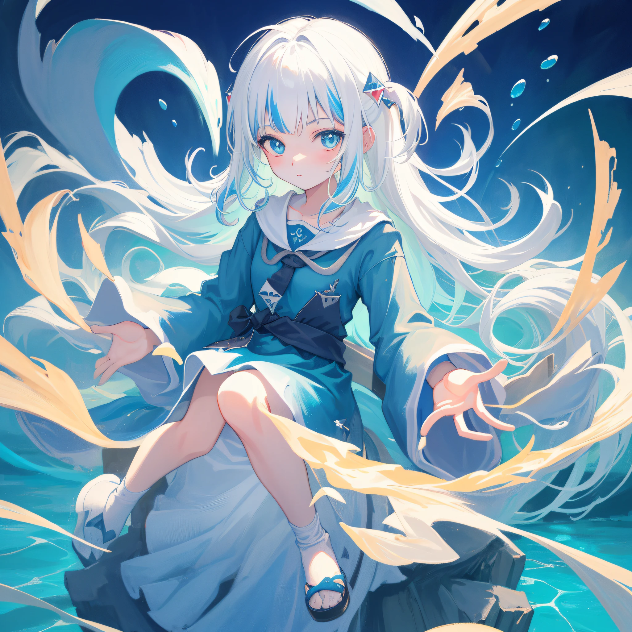 (人物: Gawr Gura),(masterpiece:1.2), 1girl, solo, best quality, shiny skin, hyper detailed ultra high res, in the water, underwater,  cute, looking at viewer, extremely detailed wallpaper,