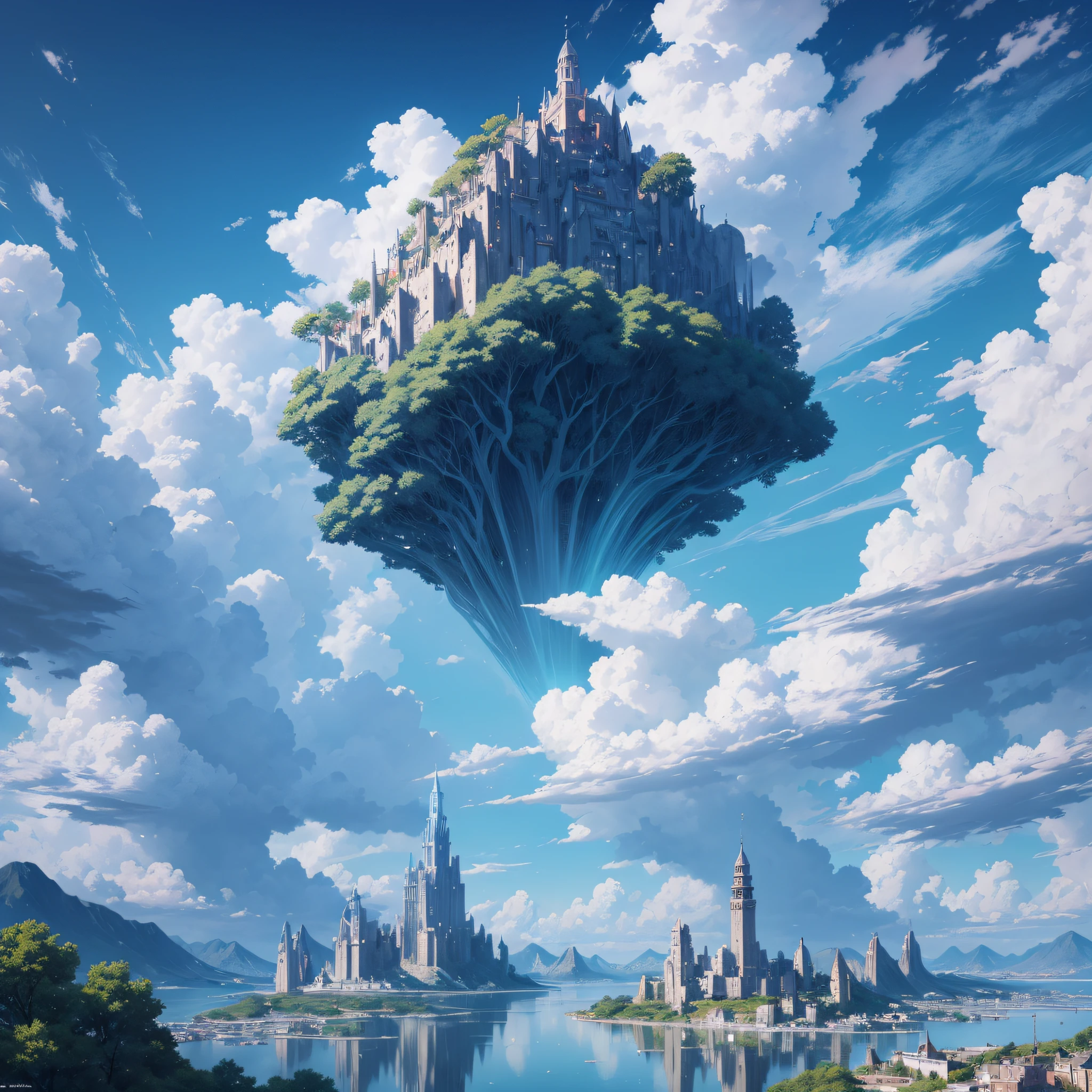 The most beautiful artwork in the world, high detail, sharp focus, drama, landscape, super beautiful sky, 8K, blue day, vast light blue sky, anime, game, city ghost, very detailed CG unity 8k wallpaper)