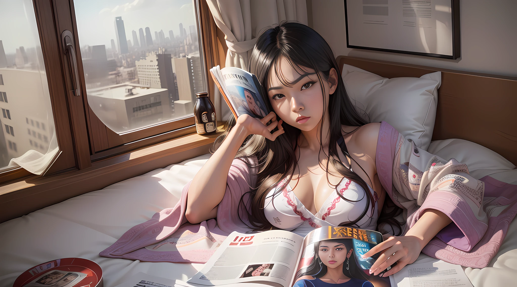 (Fei Danxu hyperrealistic art style, Tumblr, surreal, woman lying in bed, holding magazine and beer,) (Female fatigue, movie stills rest, HD shot) (Bed covered with blanket, blanket, active hand-drawn lines, Canon EOS 5D Mark IV photo)