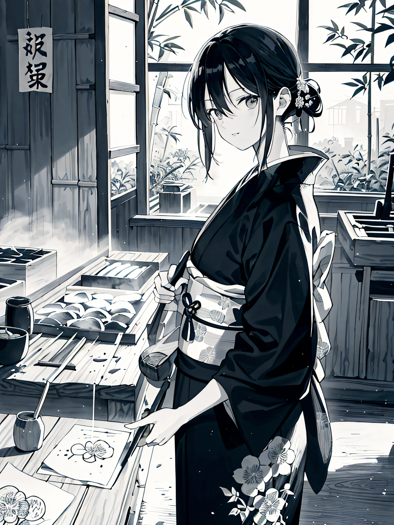 He even drew the texture of Japanese paper and made black and white woodblock prints in ink. Radishes are being cut in the old kitchen. You can also see the bamboo pole. In the early Showa period, she was about 32 years old, and she was a woman with no strong self-esteem in a kimono and kappo kimono.