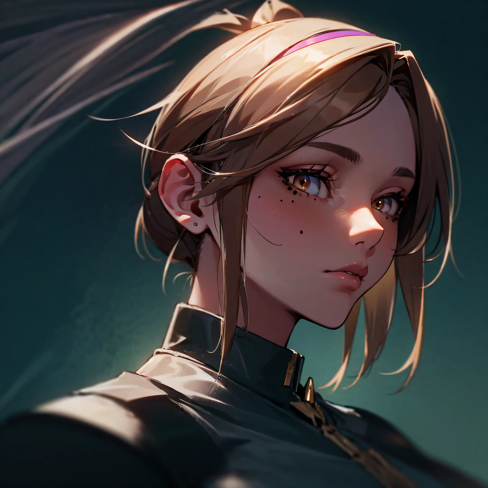 Big Tits, gradient hair, ponytail, light brown hair, mole under eye, gradient eyes, white hairband, high detail, modern, cinematic lighting, Canon, three sided view, textured skin, high details, 8k, best quality --auto --s2