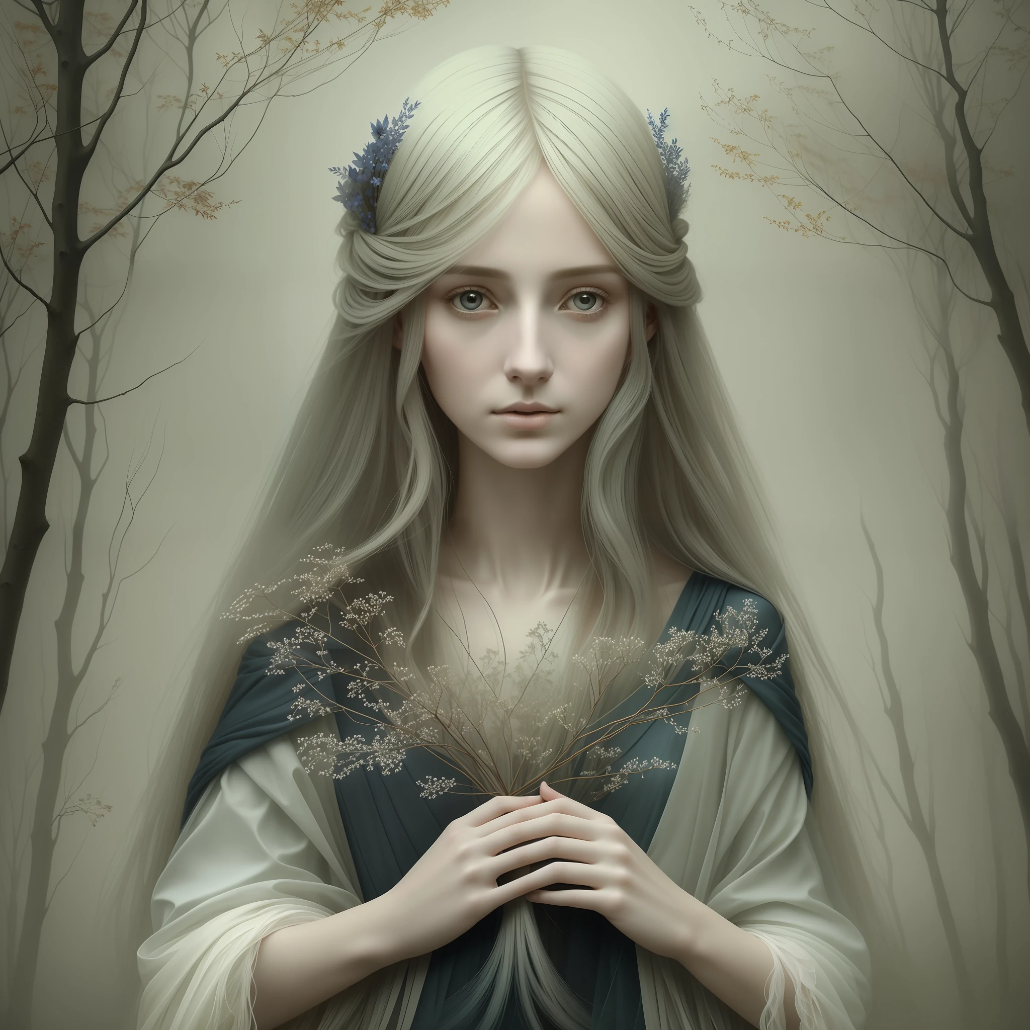 **french painter gillian mccarthy a woman with white long hair, in the style of ethereal trees, whimsical yet eerie animal symbolism, muted and subtle tones, indigo and amber, haunting figuratism, delicate simplicity, layered imagery with subtle irony In the style of Daria Petrilli and Andrea Kowch --auto --s2