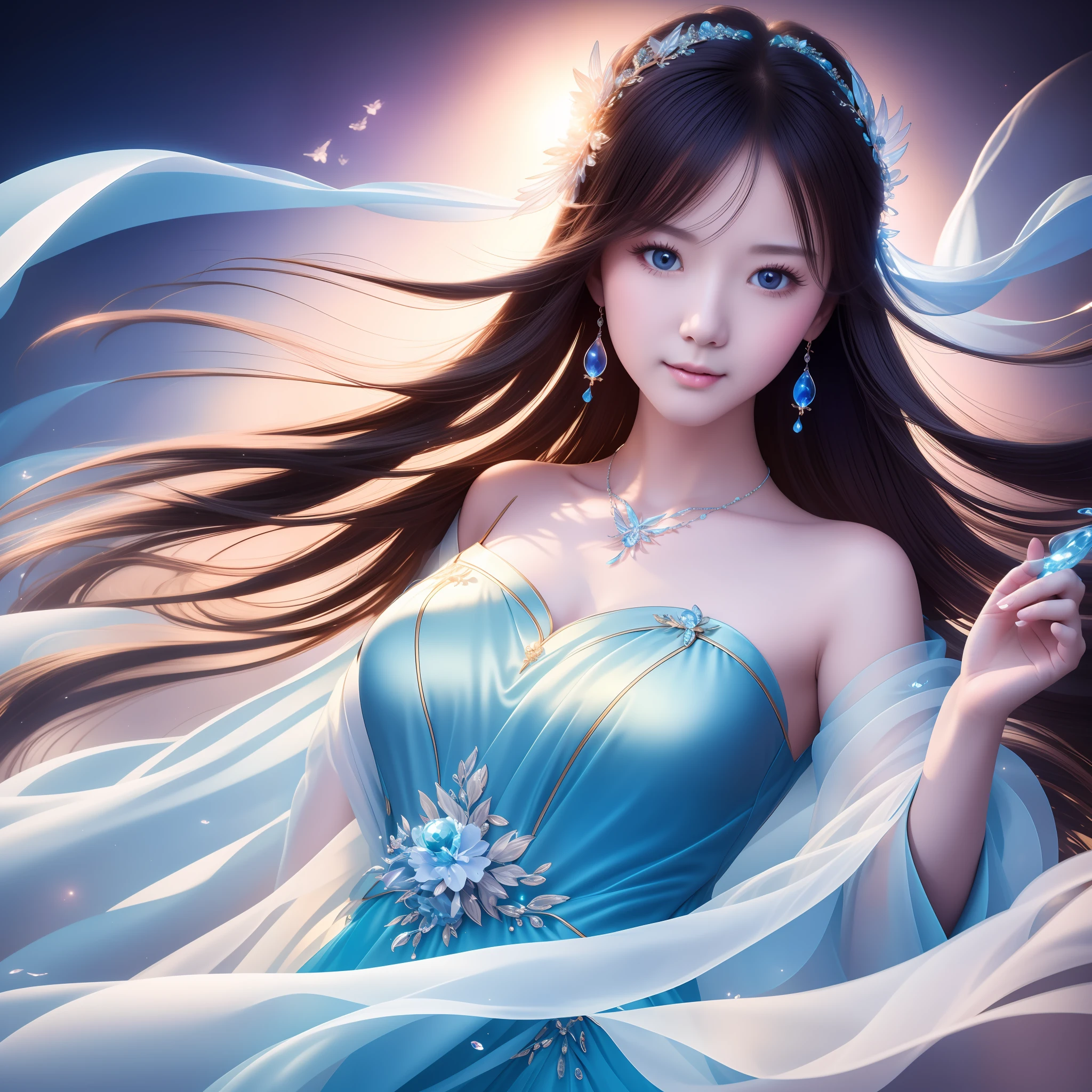 Masterpiece, best quality, a beautiful girl holding in her hand has always been blue fairy, high beam, national style, whole body