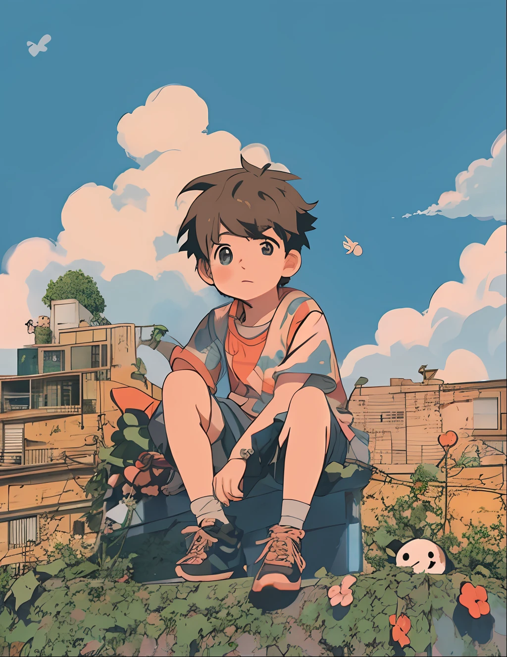 anime boy sitting on a ledge with stuffed animals, cute art style, lofi artstyle, cute detailed digital art, anime aesthetic, cute anime, high quality anime artstyle, anime boy, anime artstyle, cute detailed artwork, soft anime illustration, lofi girl, lofi aesthetic, lofi art, lofi, cute artwork, high quality fanart, illustrated anime