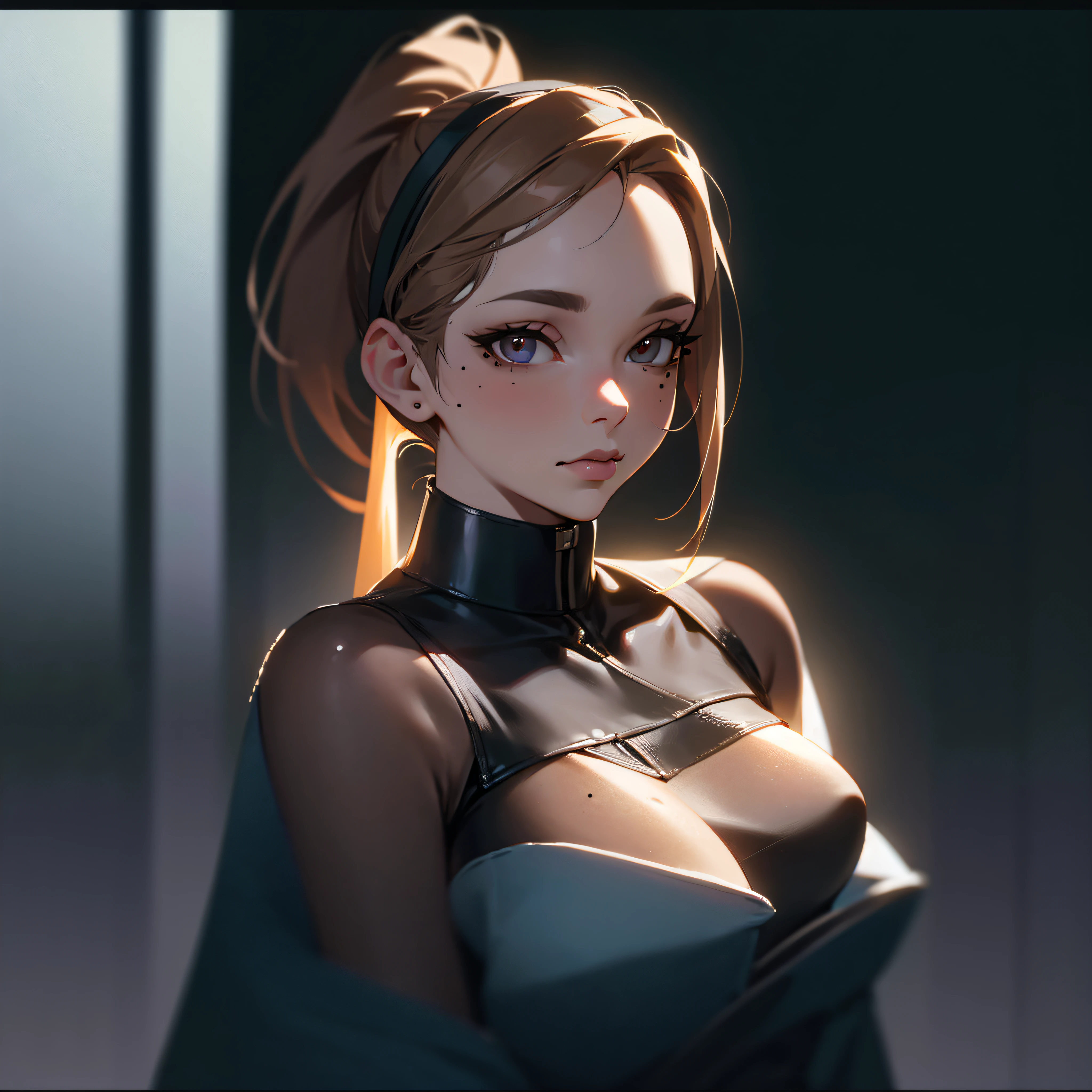Big Tits, gradient hair, ponytail, light brown hair, mole under eye, gradient eyes, white hairband, high detail, modern, cinematic lighting, Canon, three sided view, textured skin, high details, 8k, best quality --auto --s2