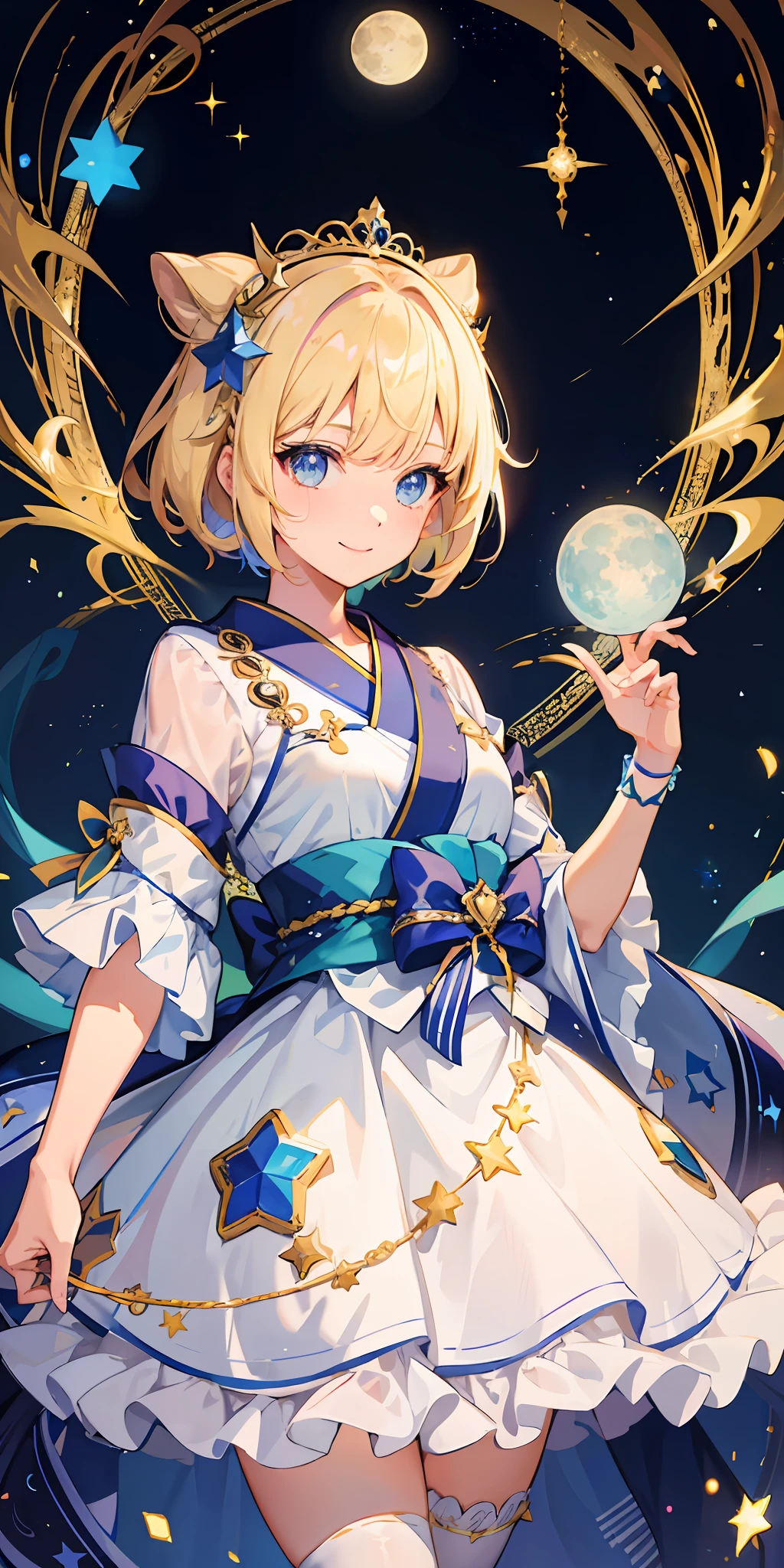 1girl, bright, blonde, light blue eyes, heart motif, star, moon, short hair, uniform bangs, multicolored hair, princess, saleme, side lights, light particles, wallpaper, big, plump, idol, idol costume, cute costume, fabulous costume, kimono, loose, smile, gentle, clear, loli, sexy