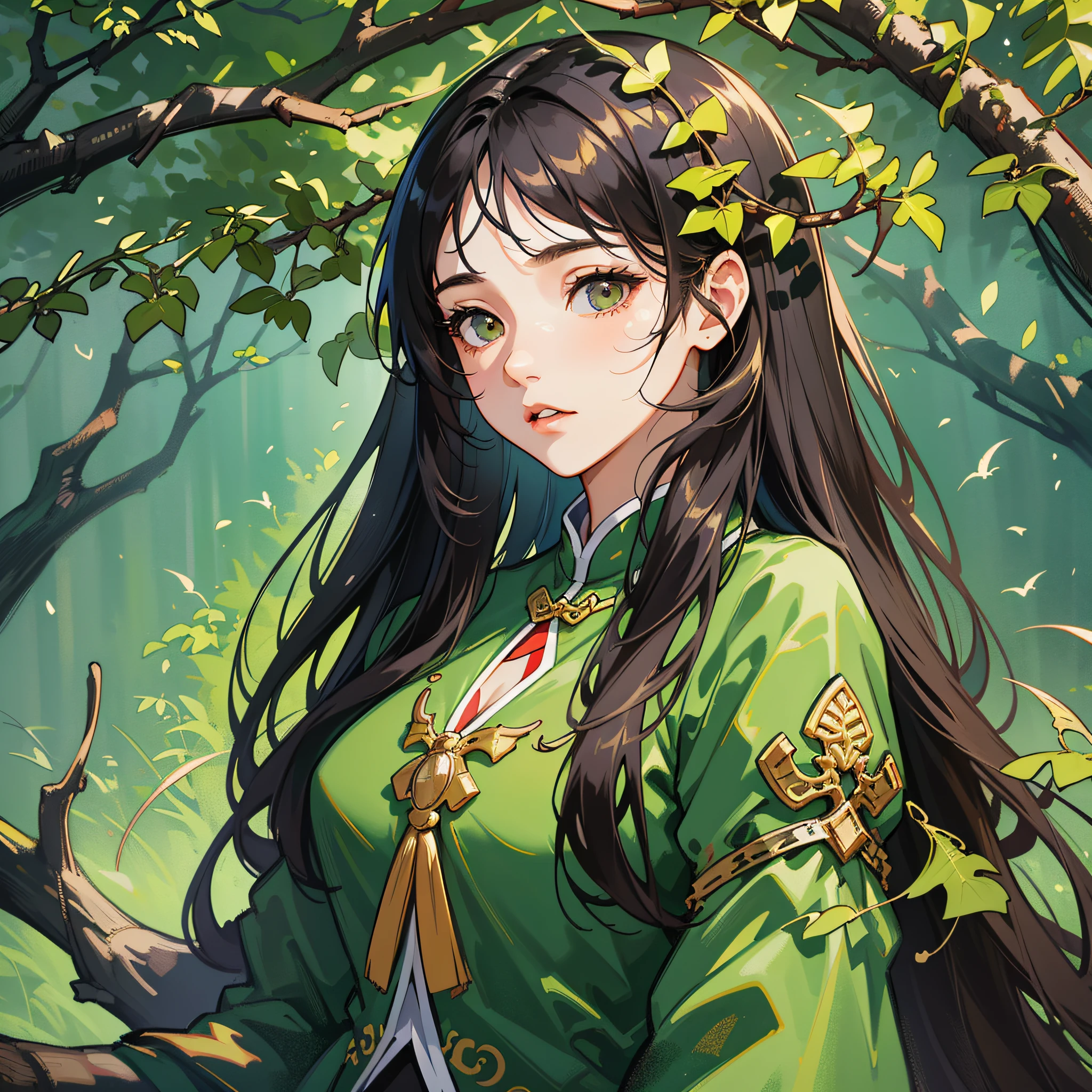 masterpiece, high quality, best quality, beautiful, hd, realistic, perfect lighting, detailed face, detailed body, ((1 woman standing under a locust tree: 20 years old)), looking into the distance, long black hair, Chinese clothing, (Tang dynasty, ancient China), hillside locust tree background