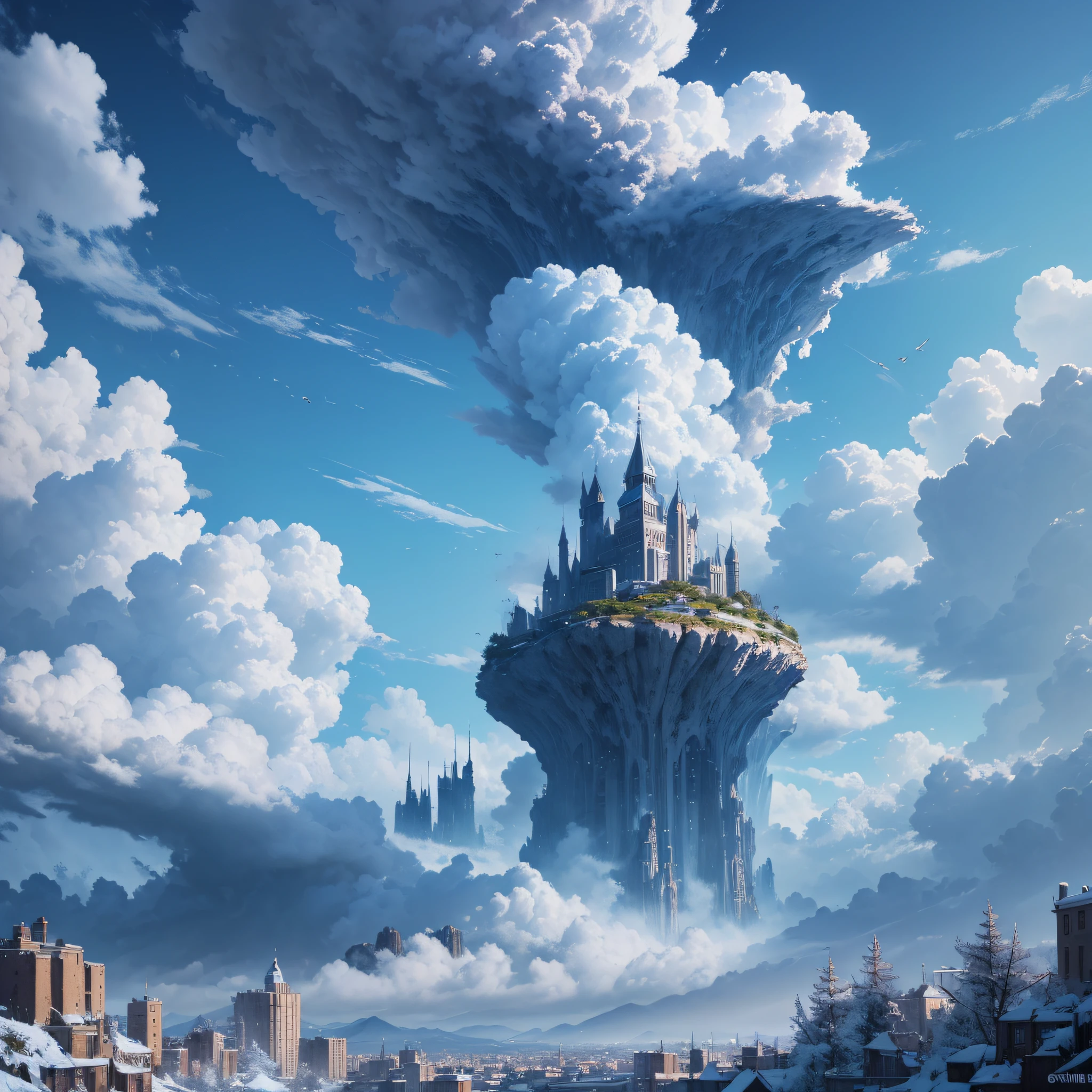 The most beautiful artwork in the world, high detail, sharp focus, drama, landscape, super beautiful sky, 8K, blue day, vast light blue sky, anime, game, city ghost, very detailed CG unity 8k wallpaper)