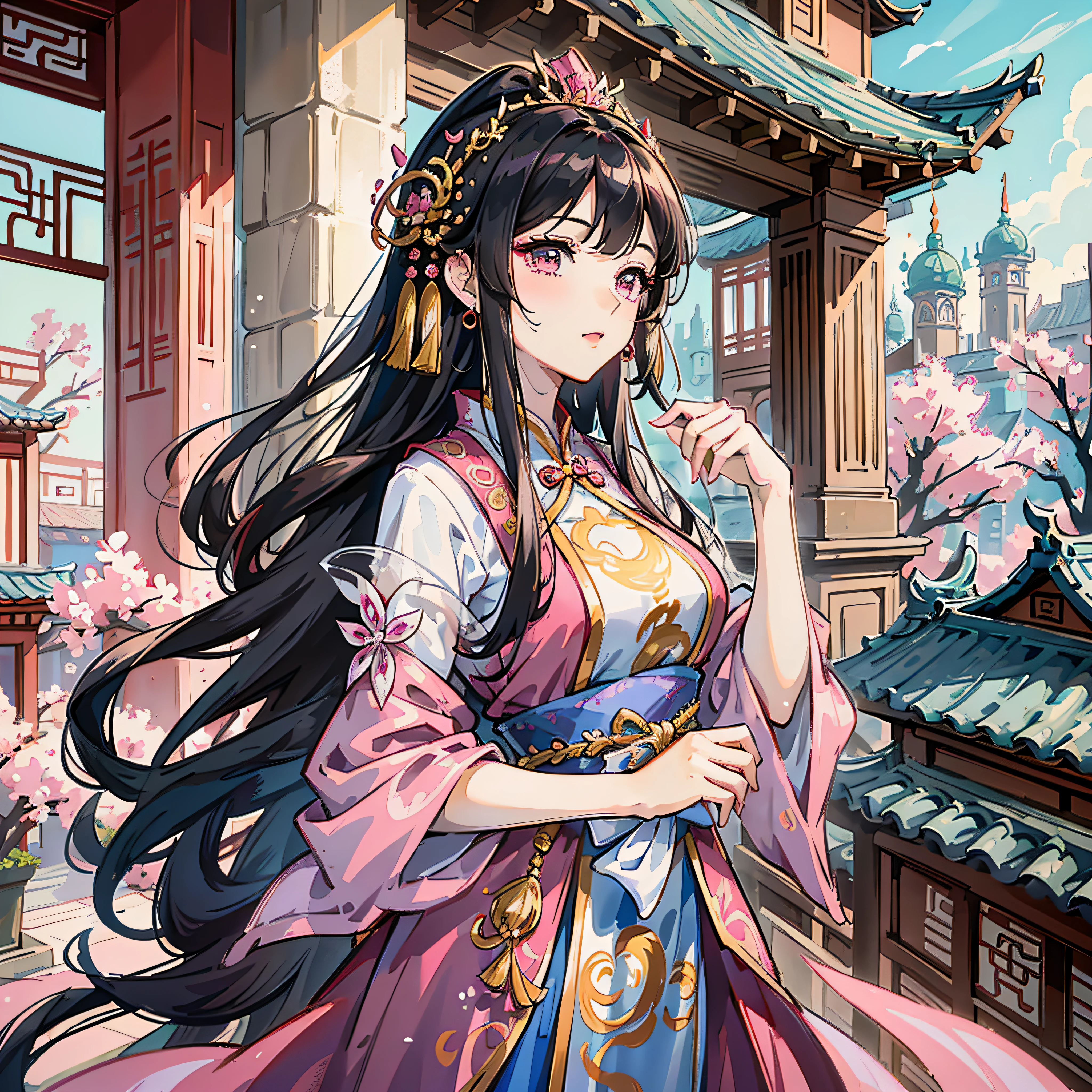 anime girl in traditional dress standing in front of a building, palace , a girl in hanfu, high detailed official artwork, ((a beautiful fantasy empress)), a beautiful fantasy empress, keqing from genshin impact, inspired by Pu Hua, inspired by Ma Yuanyu, cute anime waifu in a nice dress, official artwork, inspired by Lan Ying, official art