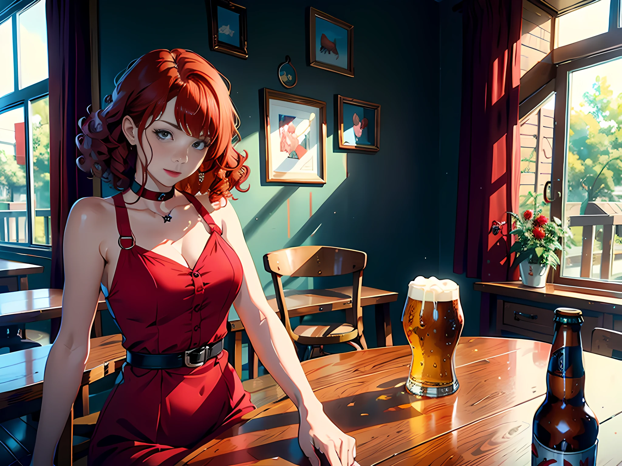 1 woman, red hair, red dress, red curly hair, sitting at the dining table, beer, a cat on the table doing a backflip