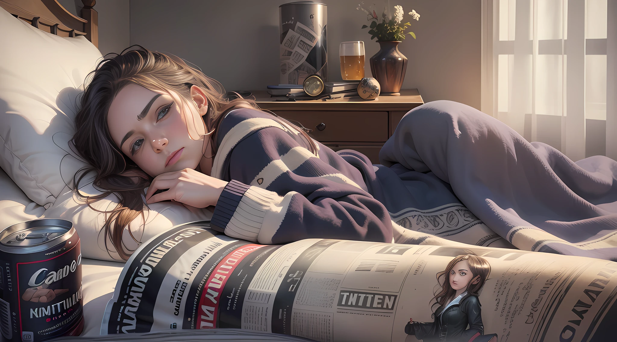 (Realistic art style, Tumblr, surreal, woman lying in bed, holding magazine and beer,) (Female fatigue, movie stills rest, HD shot) (Bed covered with blanket, blanket, active hand-drawn lines, Canon EOS 5D Mark IV photo)
Wait for it to start