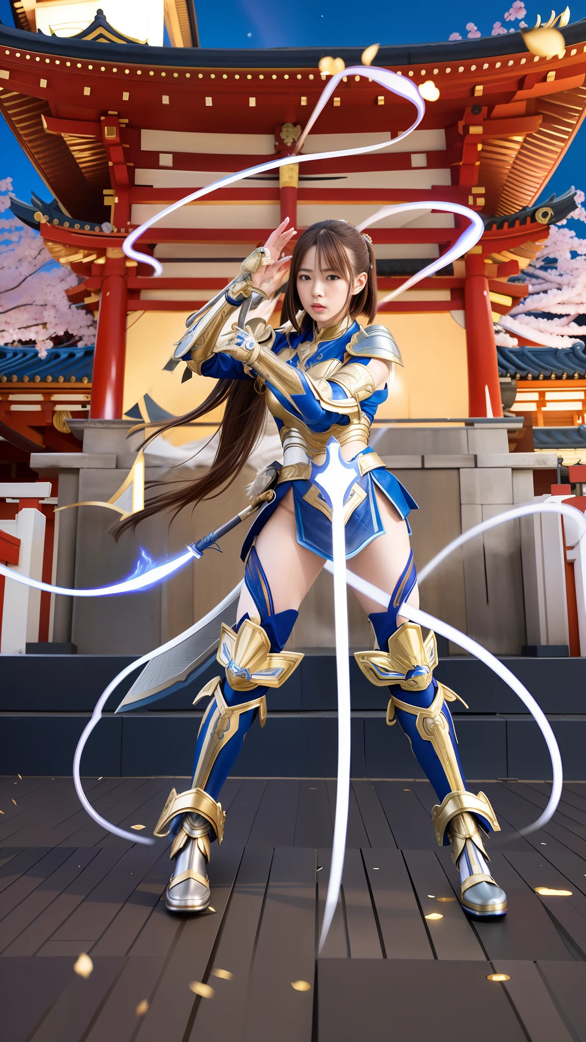 Best quality ,Masterpiece,Ultra High Res,(Photo Realistic:1.4), Photo quality, overall live-action adaptation, girl with sword and armor standing in front of the building, Ayakagen God Impact, Japan Lightning Goddess, Queen of Blades, Gorgeous Bikini Armor, From Arc Knights, Lightning Goddess, Genshin Impact Kechin, Armor Girl, Queen of Blades, live-action adaptation of the whole, Yasaka Shrine at night, metallic feeling of equipment, face clearly and beautifully, brown hair