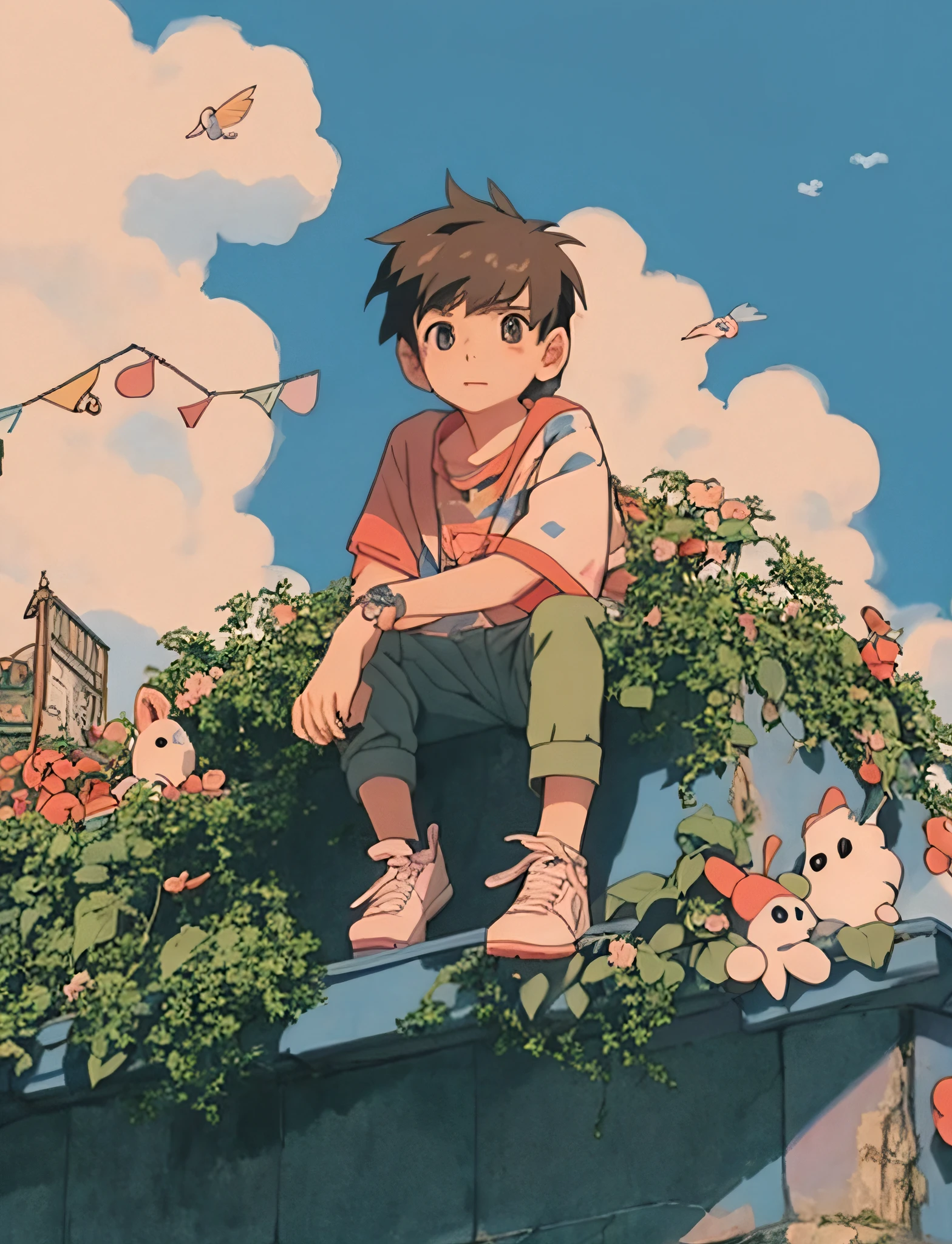 anime boy sitting on a ledge with stuffed animals, cute art style, lofi artstyle, cute detailed digital art, anime aesthetic, cute anime, high quality anime artstyle, anime boy, anime artstyle, cute detailed artwork, soft anime illustration, lofi girl, lofi aesthetic, lofi art, lofi, cute artwork, high quality fanart, illustrated anime