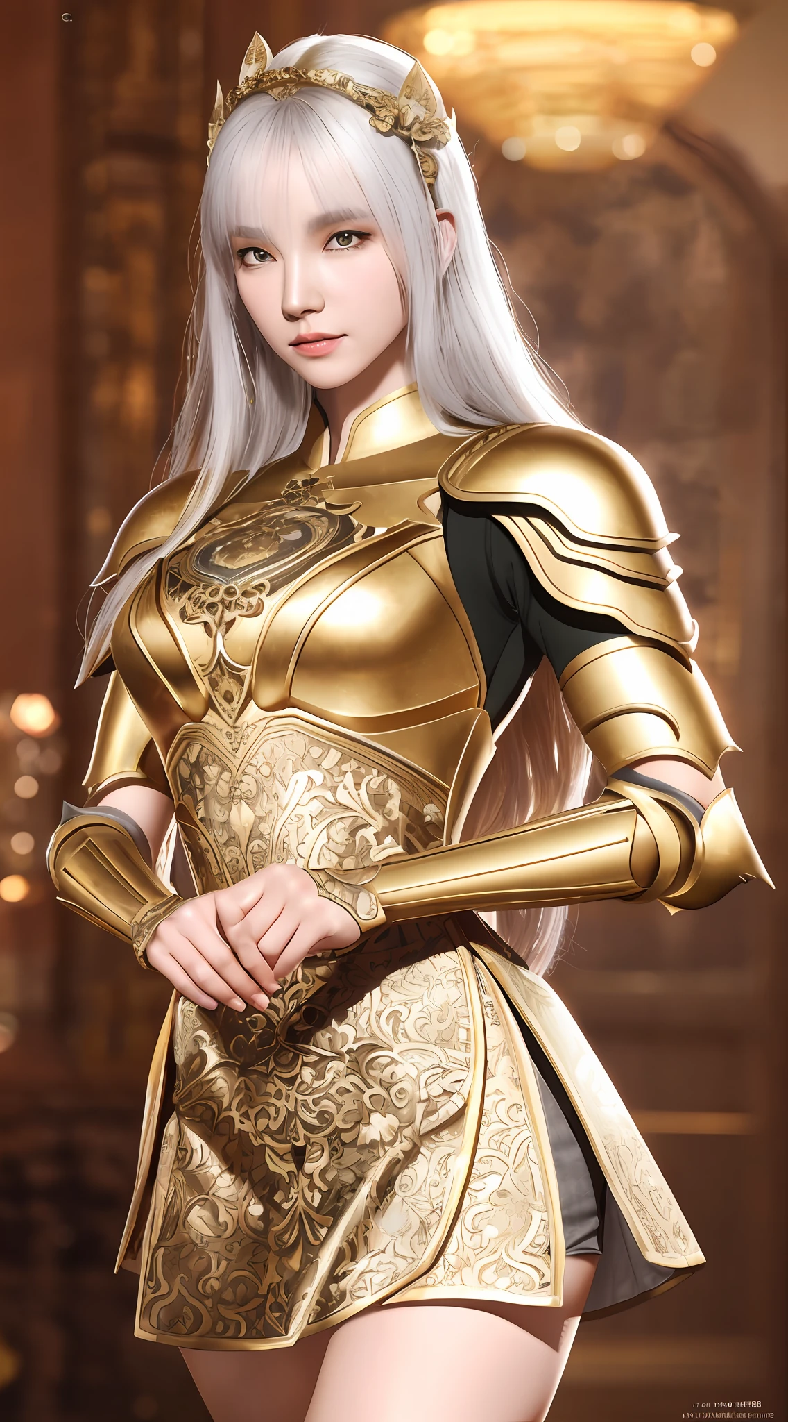 A sexy woman in gold and silver lotus lace armor dress, Cheng Wei Pan in ArtStation, by Yang J, detailed fantasy art, stunning character art, fan art best art, epic exquisite character art, beautiful armor, extremely detailed Artgerm, detailed digital anime art, armor girl, : 1.2, : 1.2, (miniskirt: 1, 5), medium breasts
