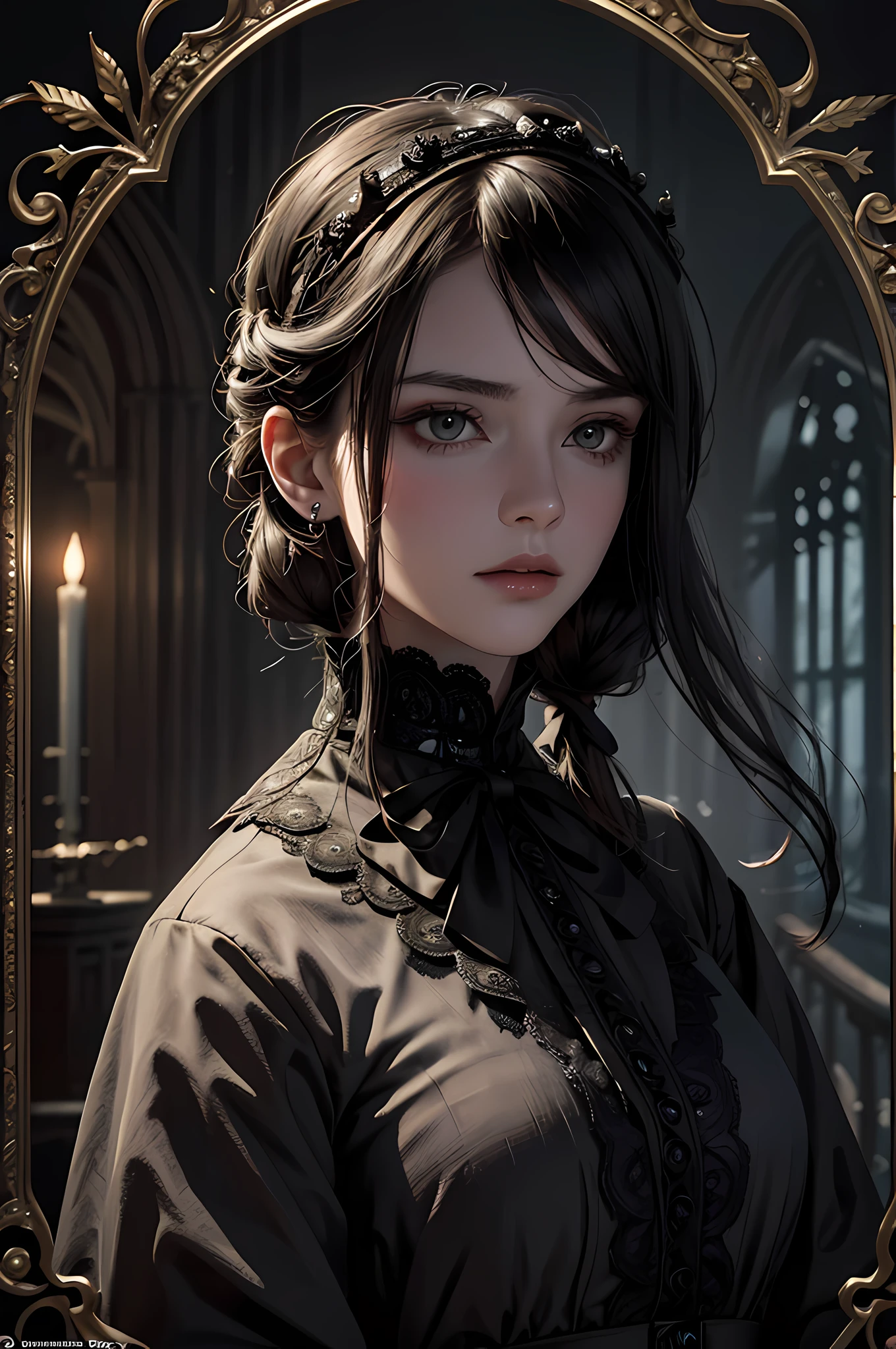 Official Art, Unity 8k wallpaper, super detailed, beautiful, beautiful, masterpiece, best quality,
darkness, atmosphere, mystery, romanticism, creepy, literature, art, fashion, victorian, decoration, intricacies, ironwork, lace, contemplation, emotional depth, supernatural,
1 girl, solo, neck, bust composition