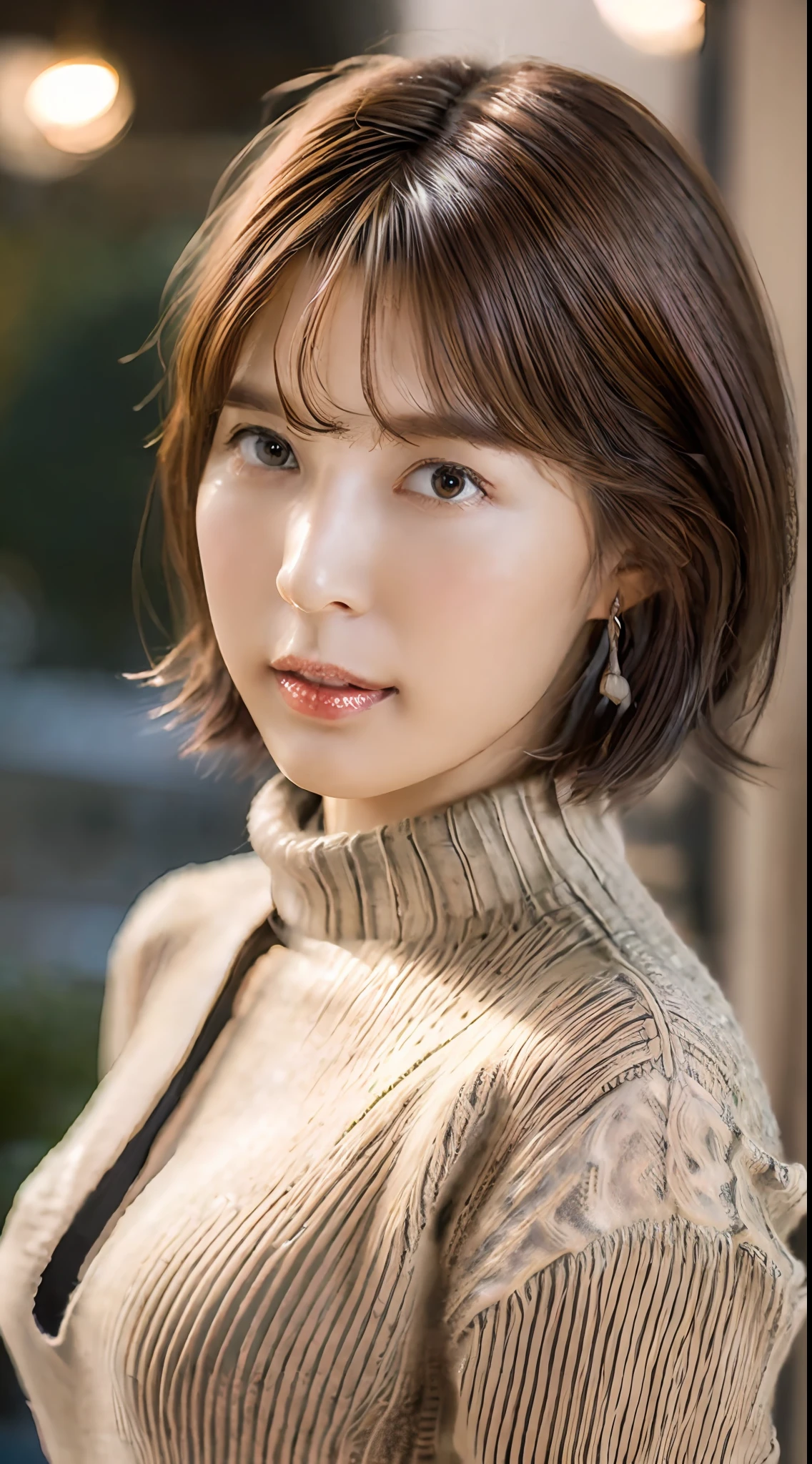 best quality, photorealistic, 8k, high res, 1girl, woman, (skindentation), (portrait:0.6), blur background, outdoor, (high-neck sweater:1.8), gorgeous, (night, floating hair:1.5), (dynamic pose:0.8), soft lighting, wind, garden, looking at viewer, (1girl eyes looking at viewer, brown hair, shorthair, parted bangs:1.6), photorealistic, (bokeh), gorgeous, pureerosface_v1,