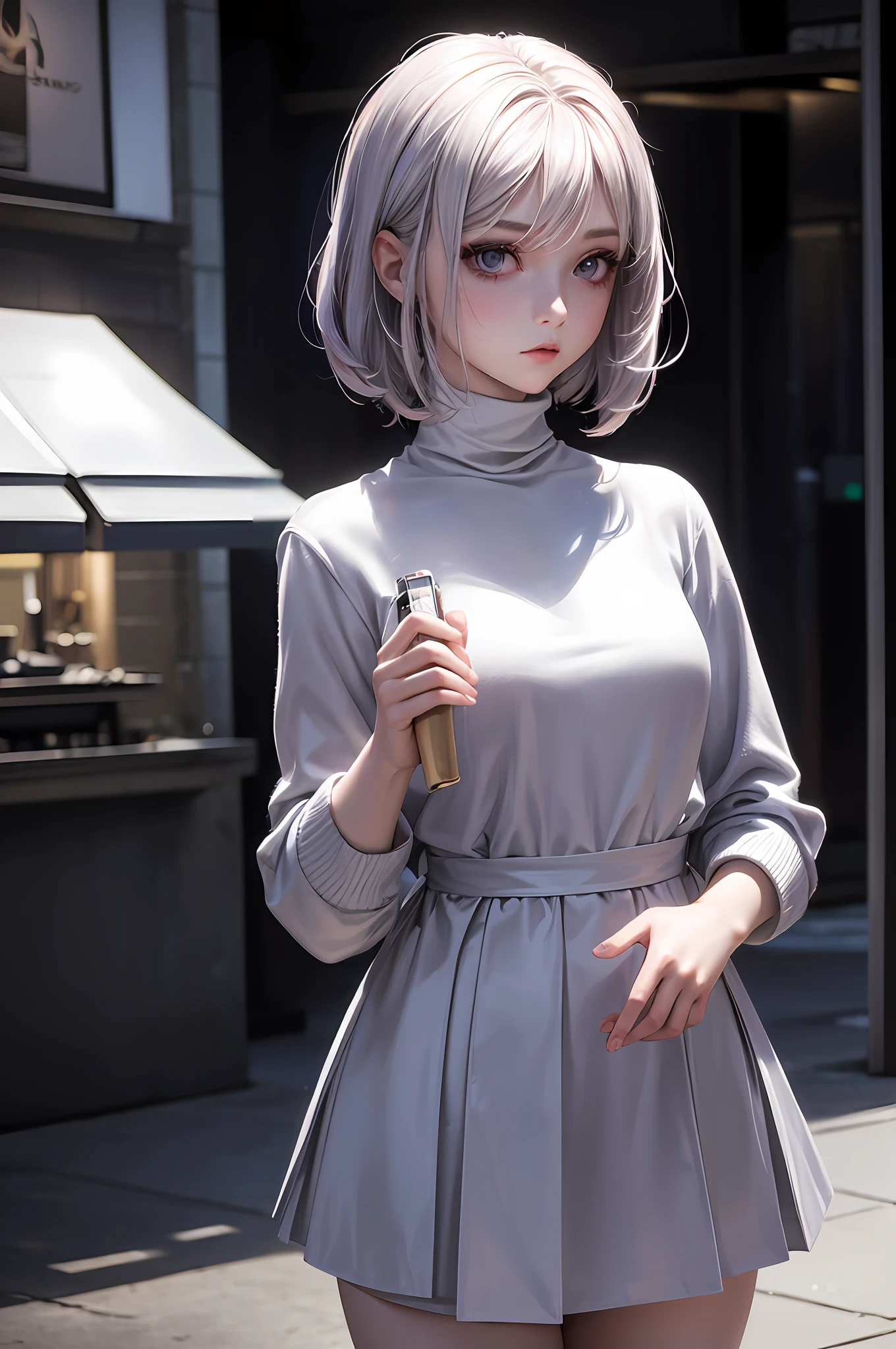 1girl, beautiful vintage colors, Instagram (realistic, High resolution: 1.4), (puffy eyes)), looking at the viewer, full body (8k, RAW photo, best quality, masterpiece: 1.2), (realistic, photorealistic photo: 1.37), (sharp focus: 1.2), professional lighting, photon mapping, radiosity, physically based rendering, (pale skin: 1.2), (small breasts: 1.2), , looking at the viewer, (middle hair: 1.2), portrait, purple eyes, (silver hair: 1.2), bangs, (simple background: 1.4), Solo, upper body, white background, realistic, (masterpiece: 1.4), (best quality: 1.4), (shiny skin), faxi girl, makeup, (shut up: 1.4), (thin, shy, : 1.3), (white turtleneck: 1.2), ulzzang-6500-v1.1, pureerosface_v1,