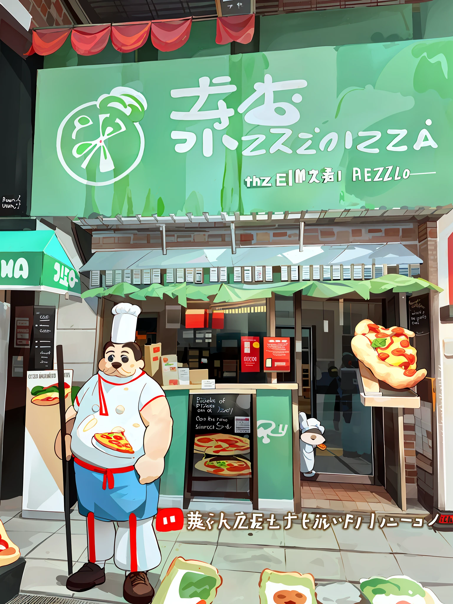 Outside the pizzeria stands a statue of a chef, Pizza, Pizza with a large pizza, presented with a large pizza, Pizza Hut. Store design, detail design, whole house design,