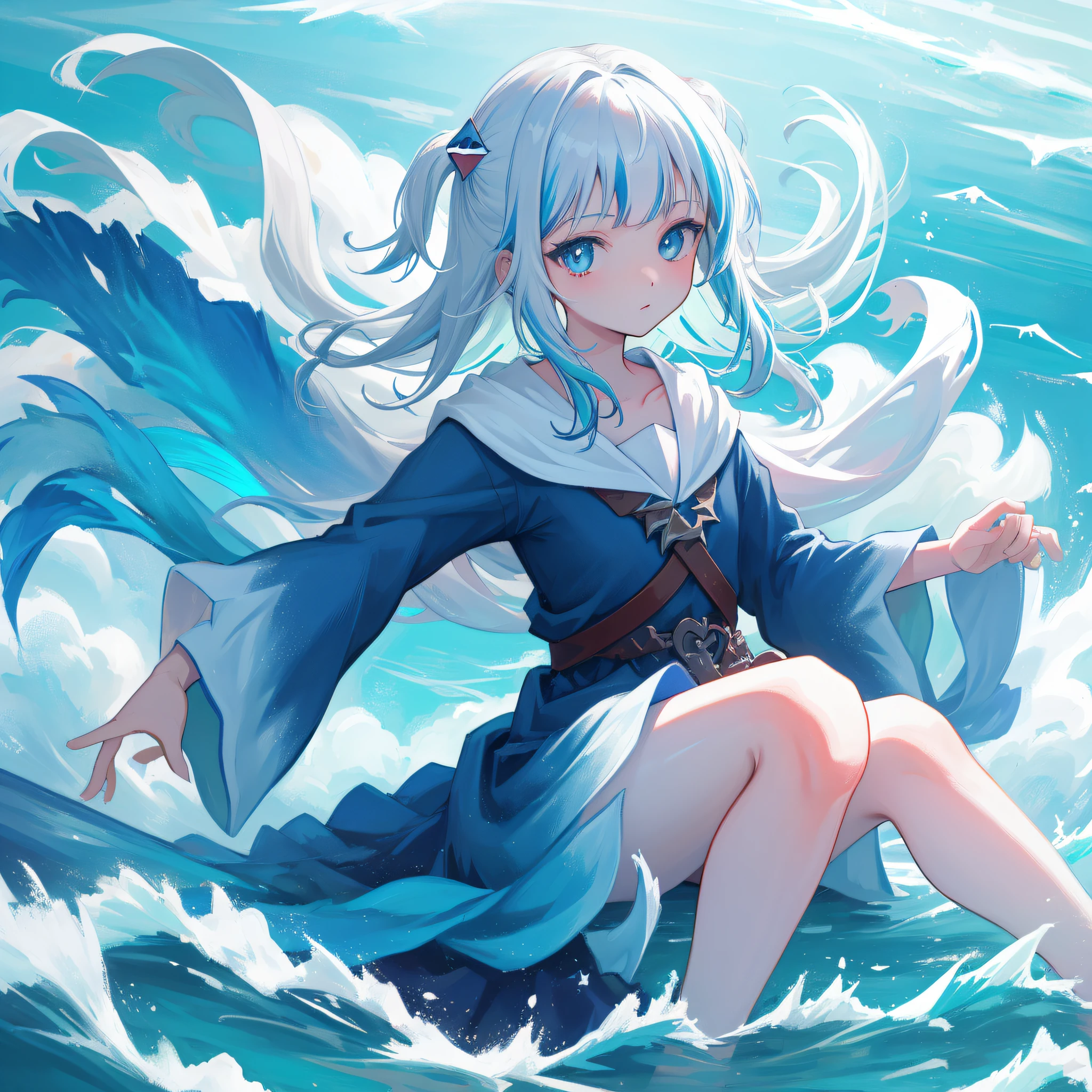 (人物: Gawr Gura),(masterpiece:1.2), 1girl, solo, best quality, shiny skin, hyper detailed ultra high res, in the water, underwater, cute, looking at viewer