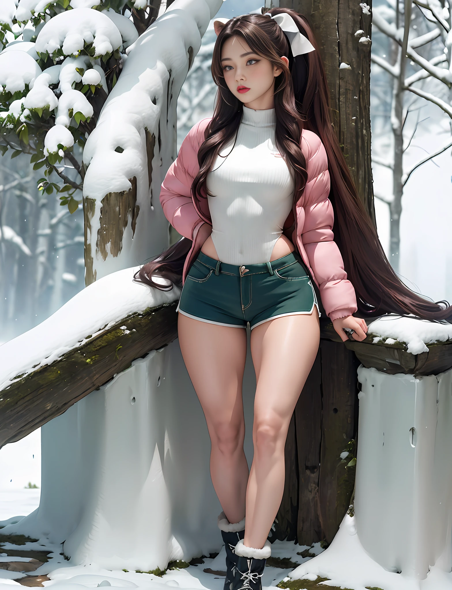 (very detailed RAW color photo), (1 girl), (alone), (18 years), (Goddess body), ((athletic)), ((very defined toned physique)), ((muscular body)), (very detailed perfect body), (small and defined breasts), (very sharp curves), (superior quality, 8k, masterpiece: 1.3), sharp focus: 1.2, (extremely beautiful girl with perfect figure: 1.4), ((very thin waist: 1.2)), ultra detailed skin texture, (smooth and soft skin), (ultra detailed fabric texture), ((girl wearing a snow jacket and shorts with hiking boots)), (extra long curly brown hair), (extra long ponytail with bangs), (very detailed and beautiful tiger ears), (hair on the face), (hair ribbon), dynamic pose, ((uniform leaves thighs exposed)), ((ultra detailed and toned legs)), (ultra detailed waist), (very wide hips), (very thick and muscular thighs), (sexy), (extreme hourglass figure), (very thick heart lips), (red lipstick), (green eyes), ((angry look)), ((blush)), (makeup), (ultra defined waist), eye shadow, (full body shot), with snowy mountains in the distance, snow and trees