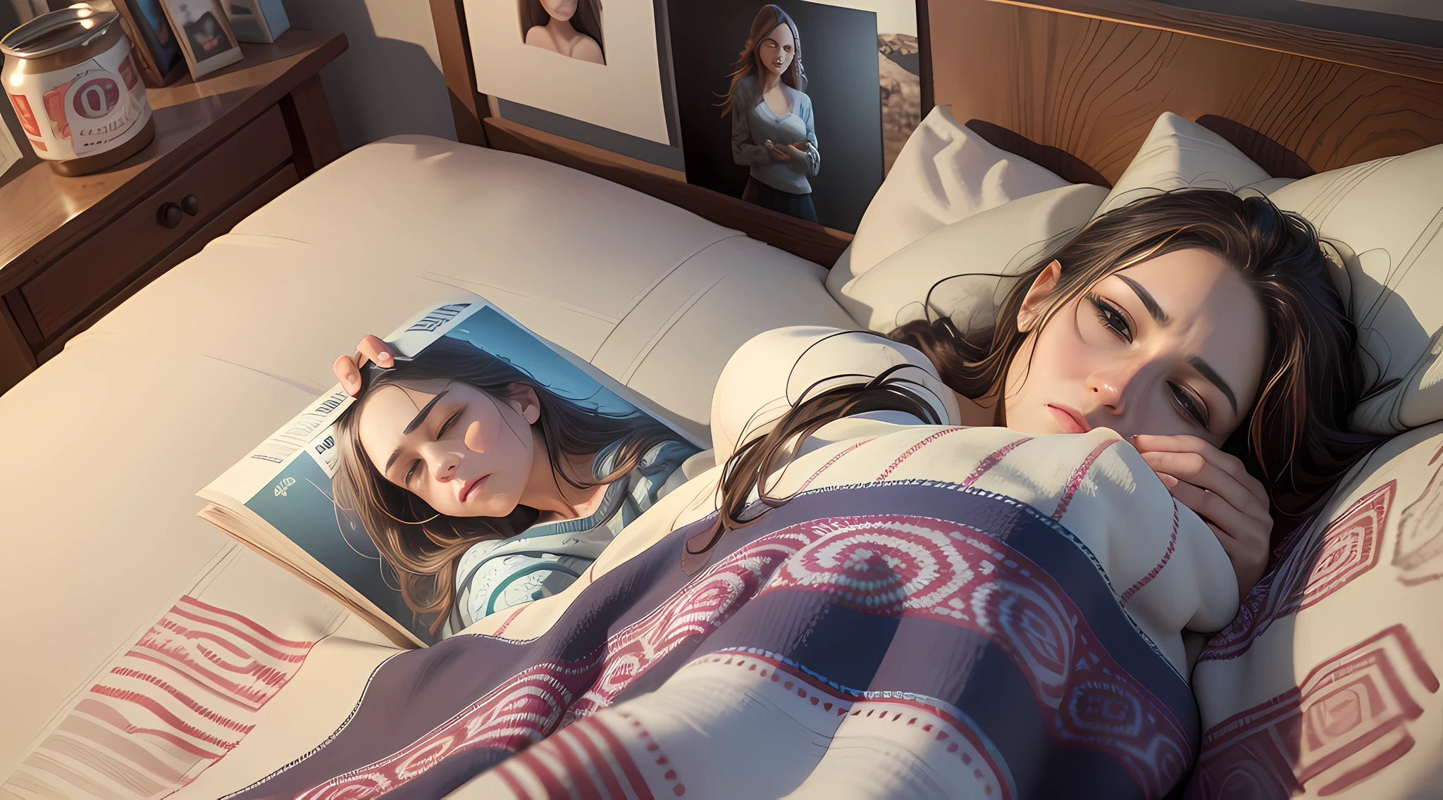 (Realistic Art Style, Surreal, Woman in Bed, Holding Magazine and Beer), (HD Film Stills, Expressing Women's Fatigue, Emphasizing Resting Moments), (Bed Covered with Blankets, Patterned Blankets, Active Hand-Drawn Lines, Shot with Canon EOS 5D Mark IV), Wait to Begin.
