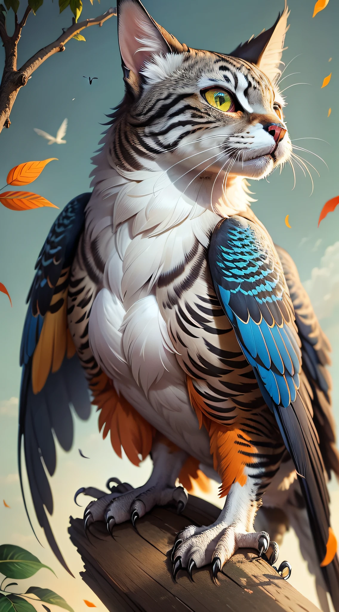 Generate an image combining the features of a cat and a bird. The creature's head is entirely that of a cat, with sharp, alert green eyes and soft grey fur, and pointed ears characteristic of a domestic cat. However, its mouth transforms into the beak of a bird, sharp and curved, reminiscent of a hawk. The body of the creature is covered in feathers instead of fur, a vibrant array of colors from deep blues to fiery oranges, akin to a parrot. Its feet are bird-like, with sharp talons perfect for perching on branches. Its wings are fully spread, hinting at the possibility of flight, creating a fascinating blend of feline and avian characteristics