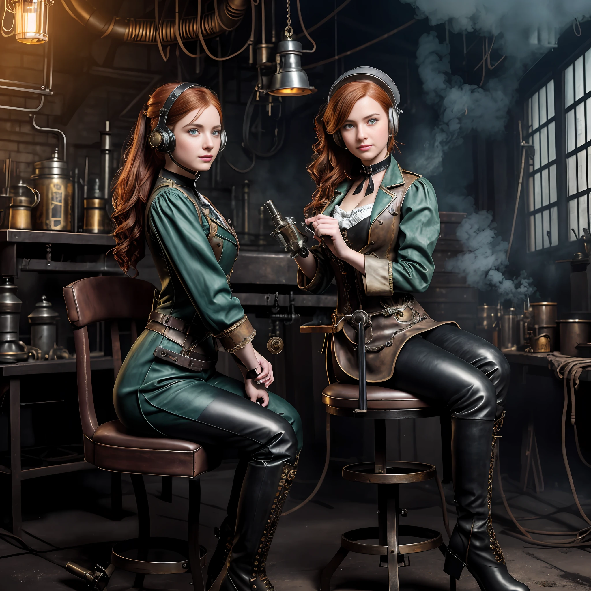 hyper photorealism, perfect anatomy, realistic character, very high contrast lighting, cinematic lighting, dramatic lighting, profile, shot from the back, shot from below, (((a girl on a chair is repairing a machine in the steamy smoky workshop))), (a 19 yo girl, (Ana de Armas:0.70), (redhead:1.1)), very cute and smiley, (perfect eyes:1.1), photorealistic wavy hair, a girl in a steampunk jumpsuit in light gray color, intercom headset, steampunk choker, long leather boots, perfect detailed face, detailed symmetric green eyes with circular iris, fixing a steam engine in the steampunk garage filled with steam and smoke, cogs and gears, steamy background with lots of steam pipes and steam valves and pressure gauges and gears, intricate background, very highly detailed costume, very highly detailed background, steampunk fantasy style, steampunk , steampunk aesthetic, steamy,