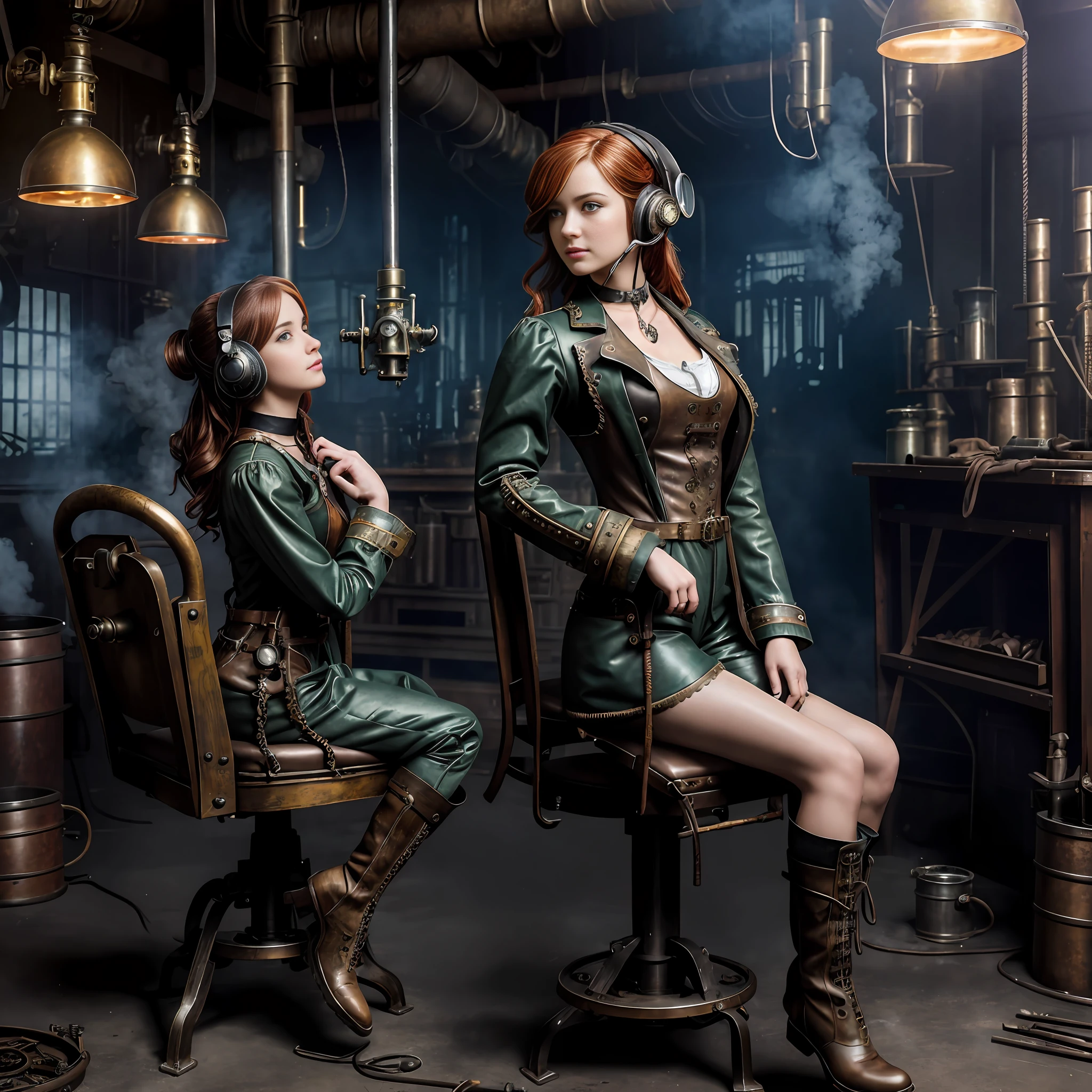 hyper photorealism, perfect anatomy, realistic character, very high contrast lighting, cinematic lighting, dramatic lighting, profile, shot from the back, shot from below, (((a girl on a chair is repairing a machine in the steamy smoky workshop))), (a 19 yo girl, (Ana de Armas:0.70), (redhead:1.1)), very cute and smiley, (perfect eyes:1.1), photorealistic wavy hair, a girl in a steampunk jumpsuit in light gray color, intercom headset, steampunk choker, long leather boots, perfect detailed face, detailed symmetric green eyes with circular iris, fixing a steam engine in the steampunk garage filled with steam and smoke, cogs and gears, steamy background with lots of steam pipes and steam valves and pressure gauges and gears, intricate background, very highly detailed costume, very highly detailed background, steampunk fantasy style, steampunk , steampunk aesthetic, steamy,