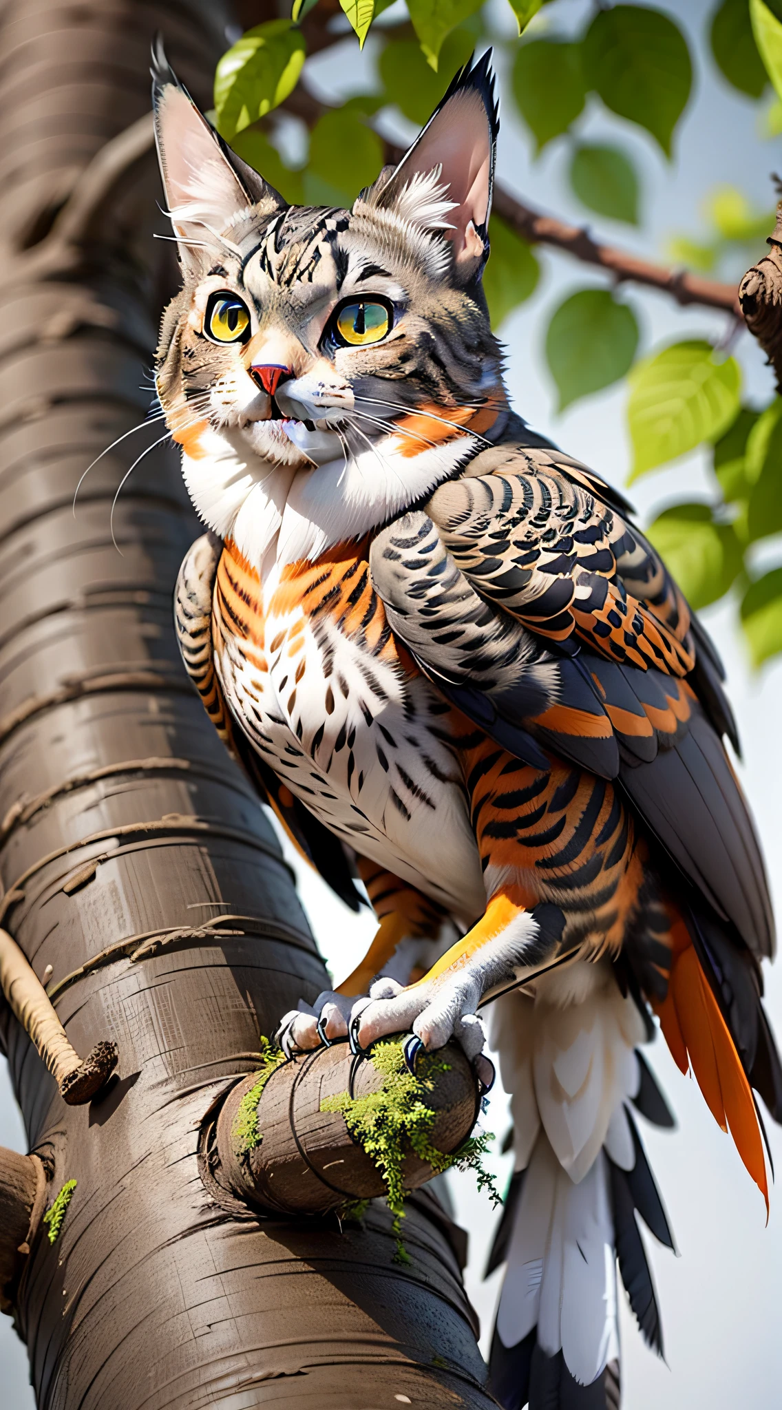 Generate an image combining the features of a cat and a bird. The creature's head is entirely that of a cat, with sharp, alert green eyes and soft grey fur, and pointed ears characteristic of a domestic cat. However, its mouth transforms into the beak of a bird, sharp and curved, reminiscent of a hawk. The body of the creature is covered in feathers instead of fur, a vibrant array of colors from deep blues to fiery oranges, akin to a parrot. Its feet are bird-like, with sharp talons perfect for perching on branches. Its wings are fully spread, hinting at the possibility of flight, creating a fascinating blend of feline and avian characteristics