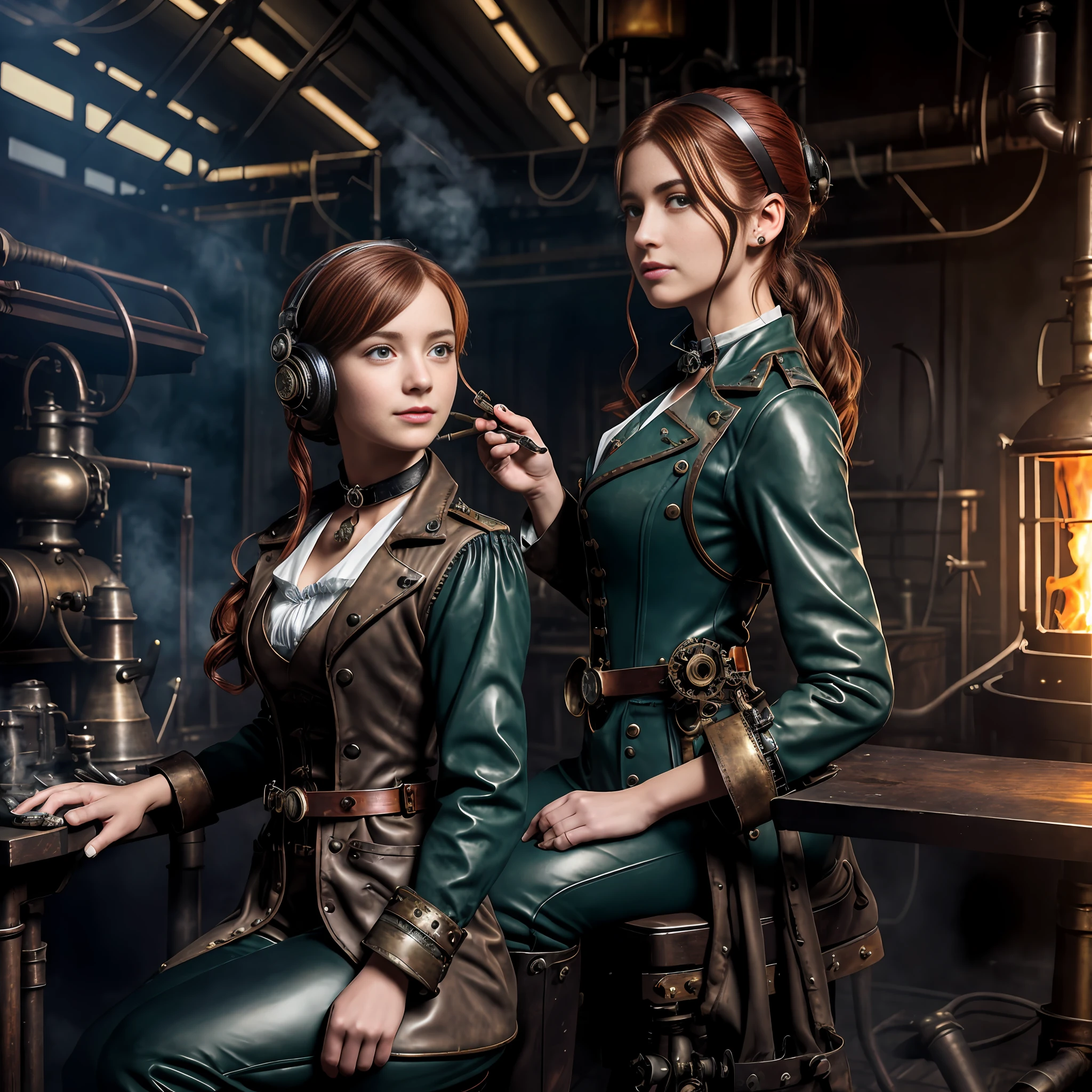 hyper photorealism, perfect anatomy, realistic character, very high contrast lighting, cinematic lighting, dramatic lighting, profile, shot from the back, shot from below, (((a girl on a chair is repairing a machine in the steamy smoky workshop))), (a 19 yo girl, (Ana de Armas:0.70), (redhead:1.1)), very cute and smiley, (perfect eyes:1.1), photorealistic wavy hair, a girl in a steampunk jumpsuit in light gray color, intercom headset, steampunk choker, long leather boots, perfect detailed face, detailed symmetric green eyes with circular iris, fixing a steam engine in the steampunk garage filled with steam and smoke, cogs and gears, steamy background with lots of steam pipes and steam valves and pressure gauges and gears, intricate background, very highly detailed costume, very highly detailed background, steampunk fantasy style, steampunk , steampunk aesthetic, steamy,