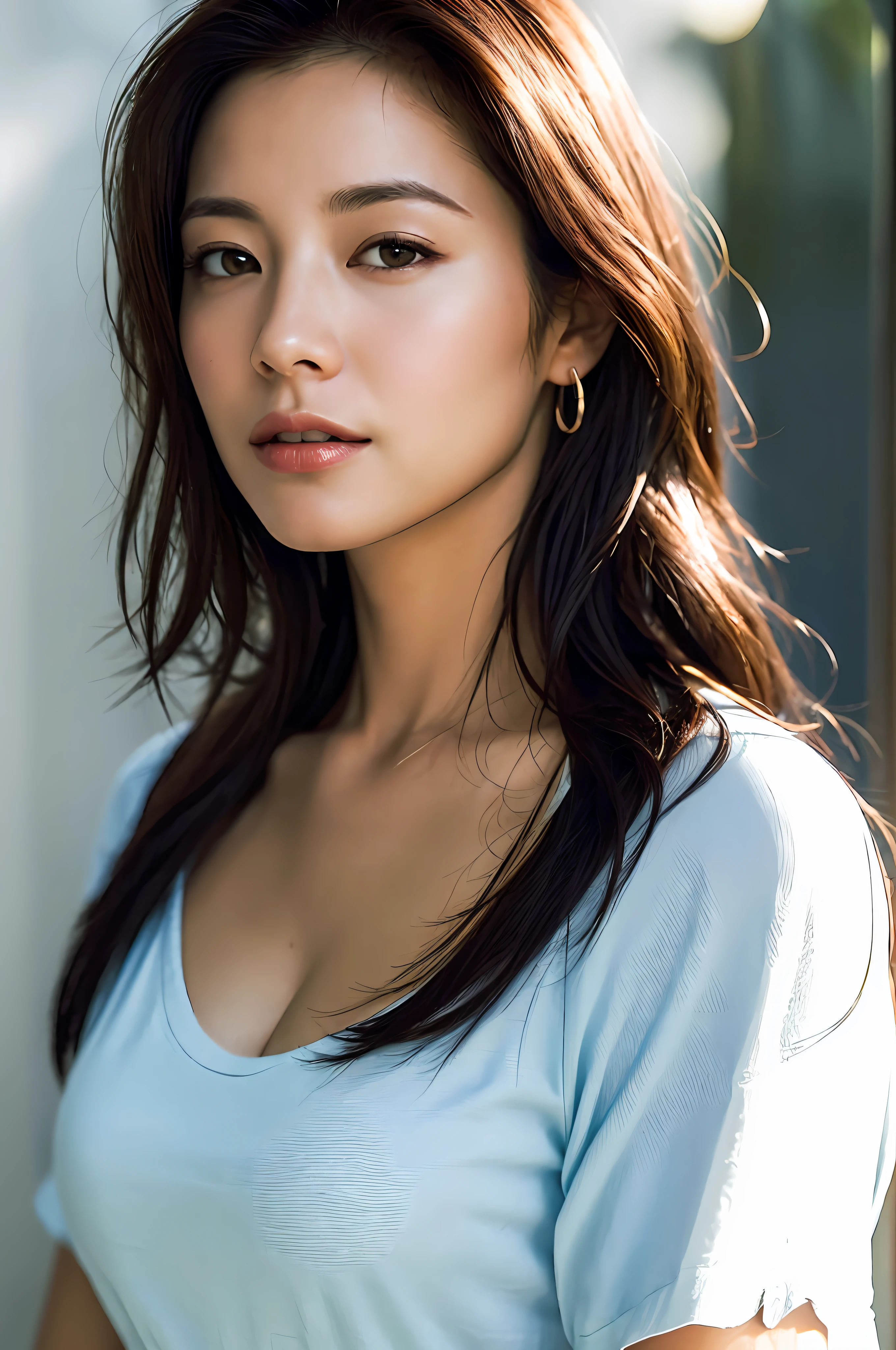 Dressed, (Photoreal: 1.4), (Hyperrealistic: 1.4), (Realistic: 1.3), (Smooth Lighting: 1.05), (Improved Cinematic Lighting: 0.9), 32K, 1 Girl, 20 Year Old Girl, Realistic Lighting, Backlit, Face Lights, Ray Tracking, (Bright Light: 1.2), (Quality Improvement: 1.4), ( Top quality realistic texture skin: 1.4), fine detailed eyes, detailed face, fine quality eyes, (tired, sleepy and satisfied: 0.0), face close-up, t-shirt, (enhance the atmosphere of body line: 1.1), (enhance the beauty of skin texture: 1.1), mom, mom, breastfeeding, childcare,