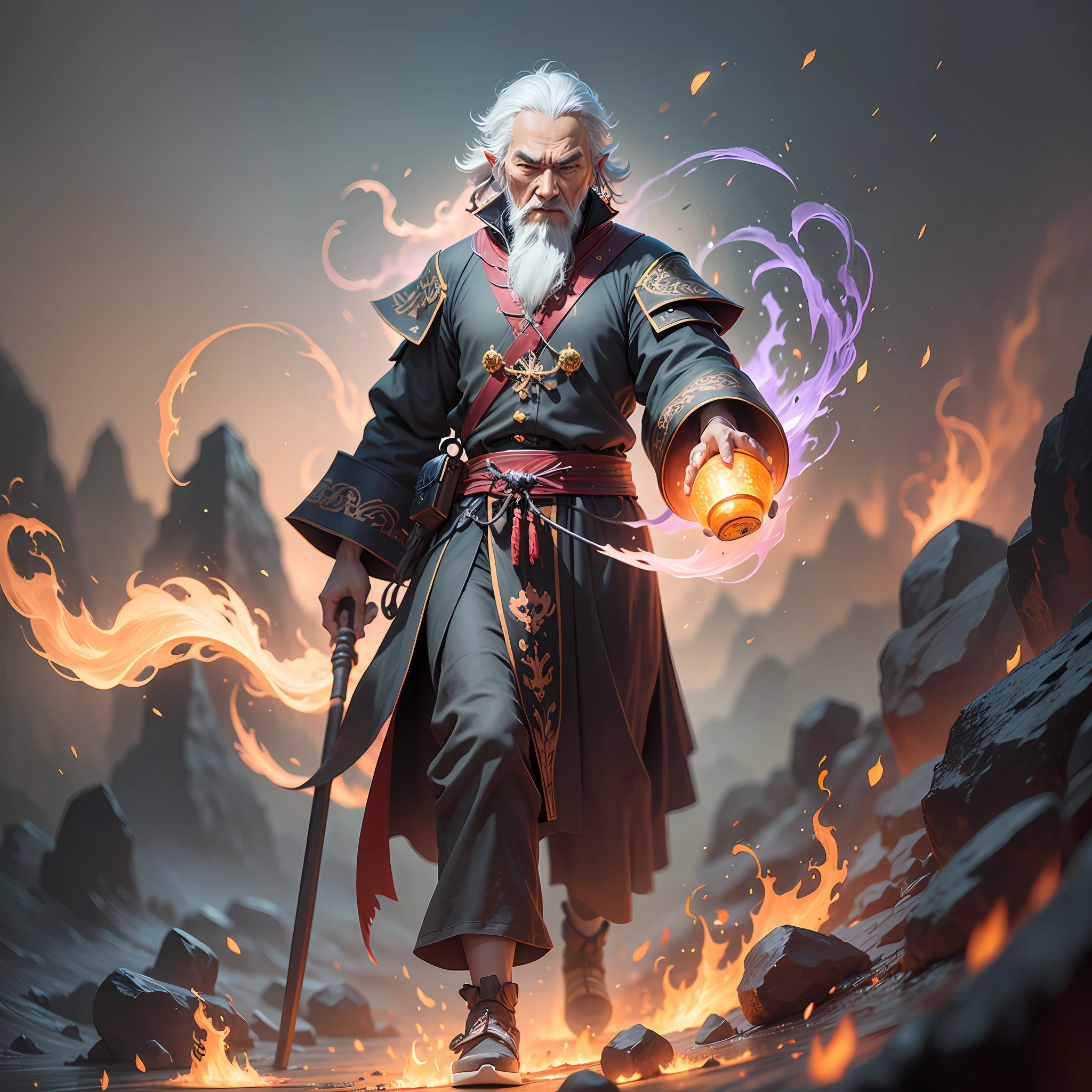 Old Taoist Priest Walking in Sea of Fire to ward Off Evil, Masterpiece, Slate Grey Atmosphere, Best Quality, High Quality, 8k Unit Wallpaper Very detailed, award-winning photography, bokeh, depth of field, HDR, flood, chromatic aberration, realistic, very detailed, trends in art stations, trends in CG society, intricate, high detail, dramatic, art on the go, volumetric lighting --auto --s2