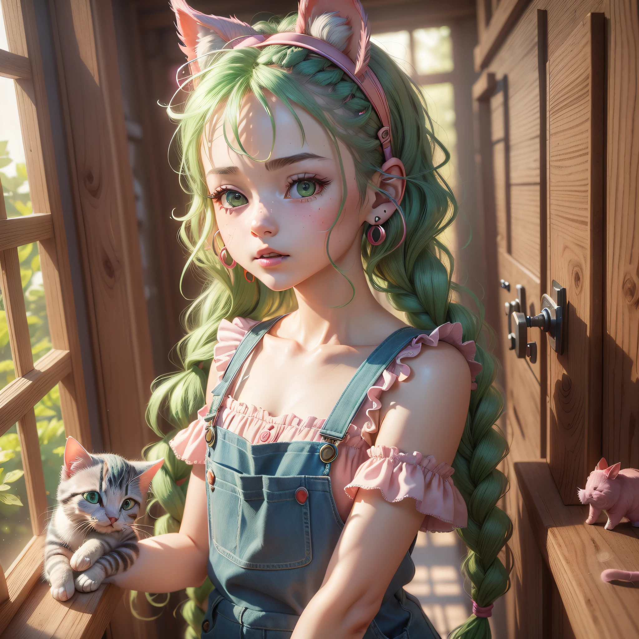 (Extremely detailed CG Unity 8k wallpaper, masterpiece, best quality, super detailed), (best lighting, best shadow, extremely delicate and beautiful), floating,
	
[(Headbands, earrings, (green: 1.5|red: 1.2) braided pig's tail hair with kitten headphones, (pink: 1.3) overalls) :: 0.8] --auto --s2