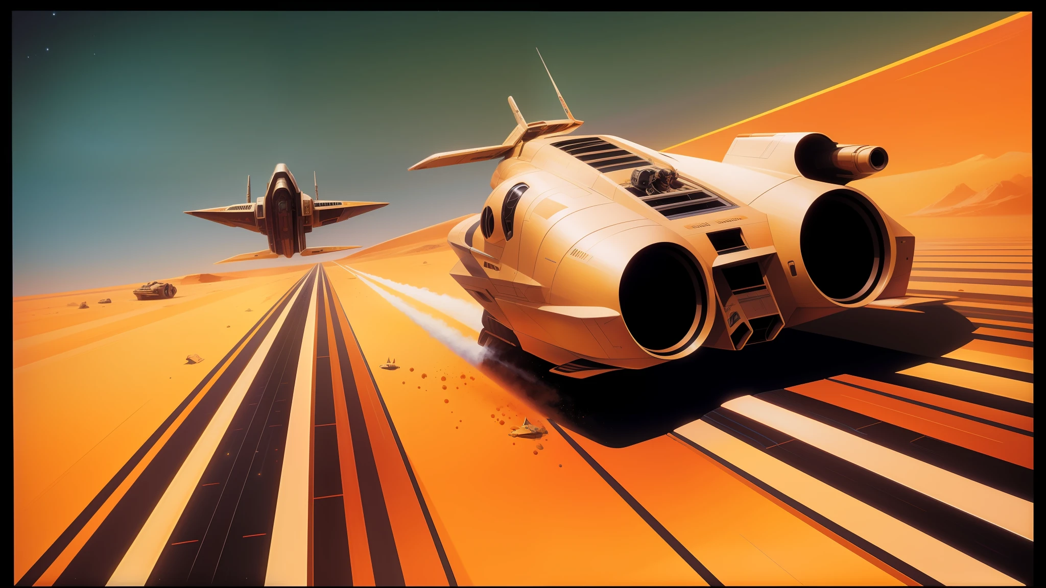 spaceships and a spaceship are flying over a desert landscape, syd mead cinematic painting, on a canva, speeder, 21:9, tangerine dream album cover, toonami, panoramic anamorphic, by Les Edwards, x-wing