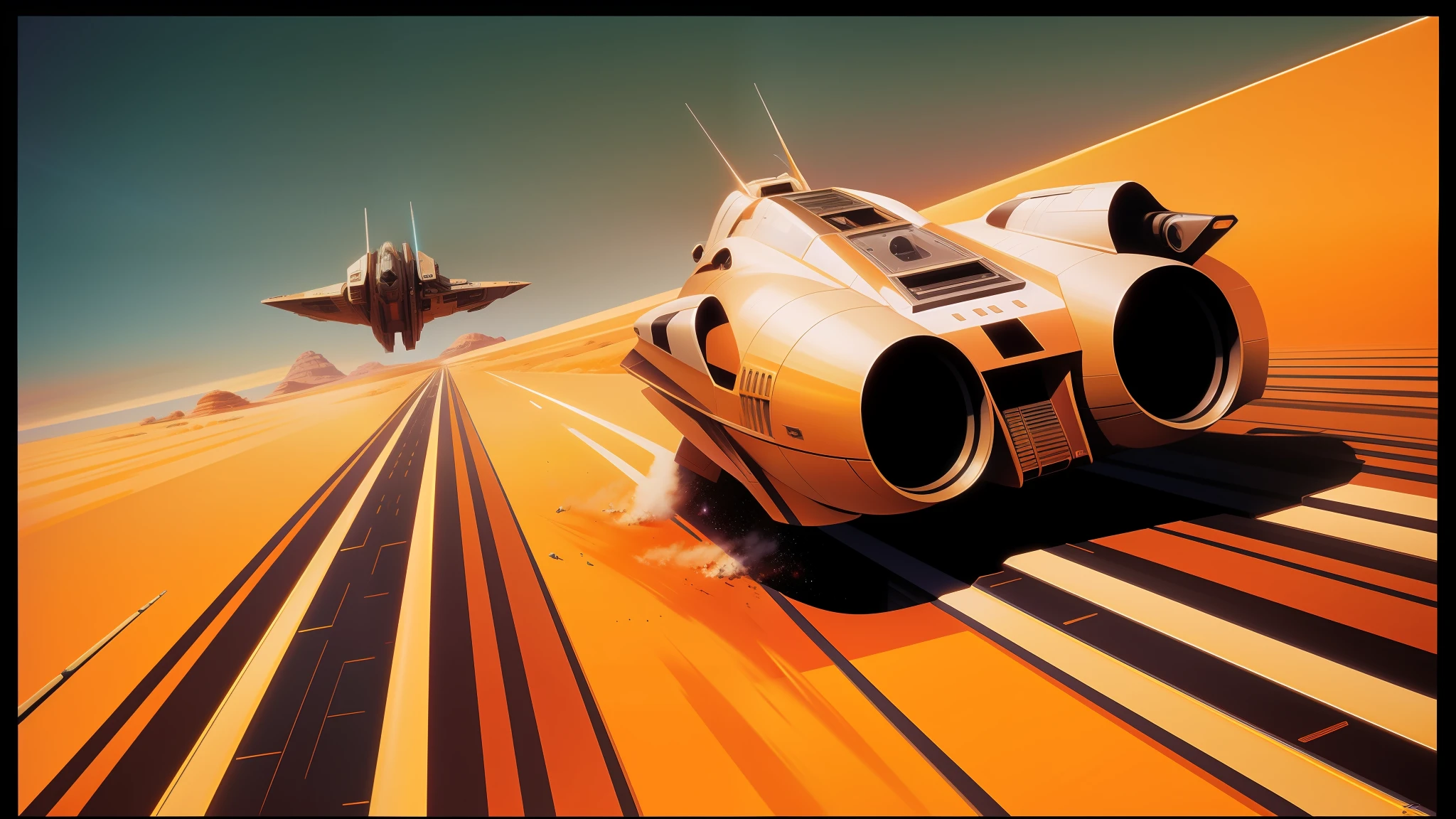 spaceships and a spaceship are flying over a desert landscape, syd mead cinematic painting, on a canva, speeder, 21:9, tangerine dream album cover, toonami, panoramic anamorphic, by Les Edwards, x-wing