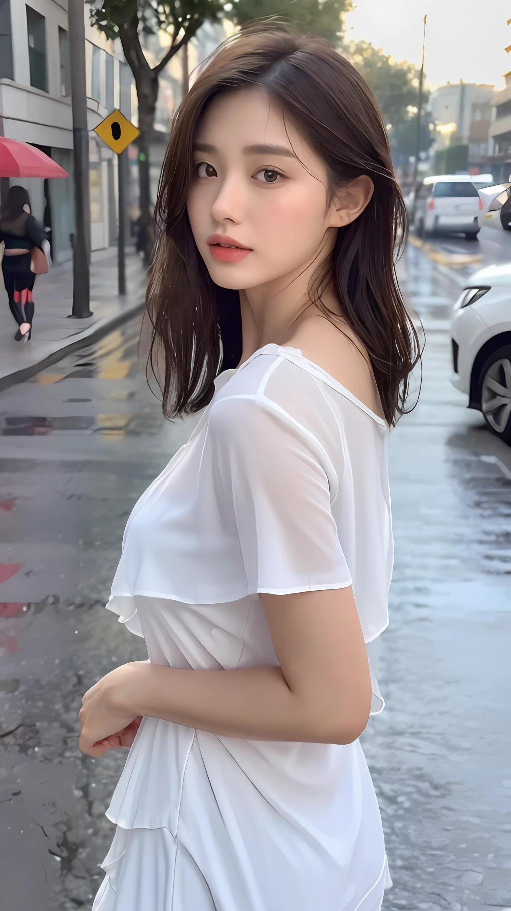 ((Best Quality, 8K, Masterpiece:1.3)), Focus: 1.2, Perfect Body Beauty: 1.4, Buttocks: 1.2, ((Layered Haircut, Breasts: 1.2)), (Wet Clothes: 1.1) , (Rain, Street:1.3), Bandeau Dress: 1.1, Highly Detailed Face and Skin Texture, Delicate Eyes, Double Eyelids, Whitened Skin, Long Hair