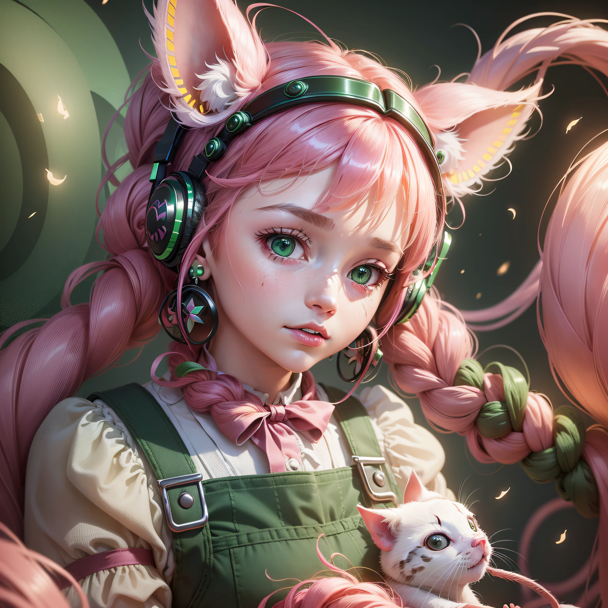 (Extremely detailed CG Unity 8k wallpaper, masterpiece, best quality, super detailed), (best lighting, best shadow, extremely delicate and beautiful), floating,
	
[(Headbands, earrings, (green: 1.5|red: 1.2) braided pig's tail hair with kitten headphones, (pink: 1.3) overalls) :: 0.8] --auto --s2