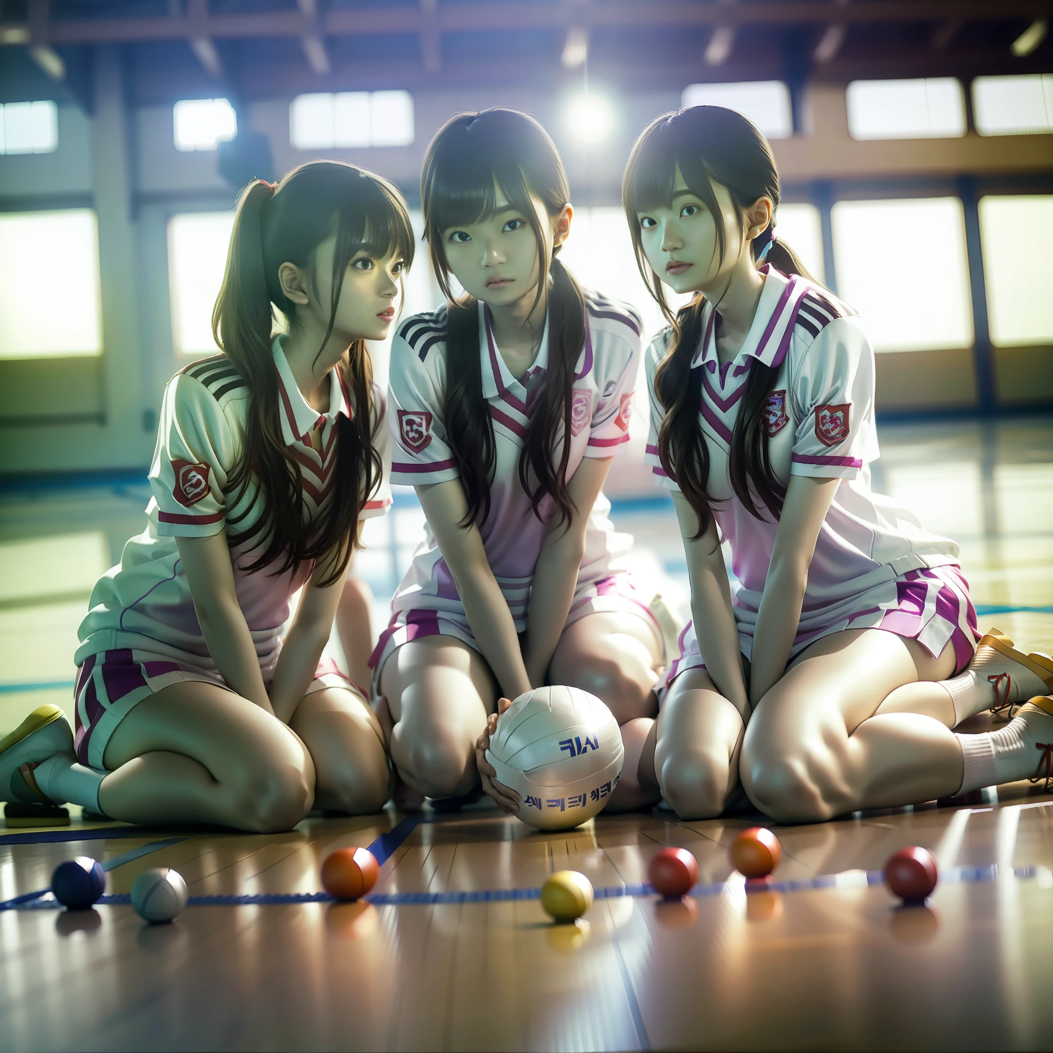 Kim Tae-joon, Yoon Se-sung, Shin Min-jung, Shin Jin-young, Choi Hong-hwa, Kim Hyun-joo, Japan sitting on the gymnasium floor during a break in a white jersey