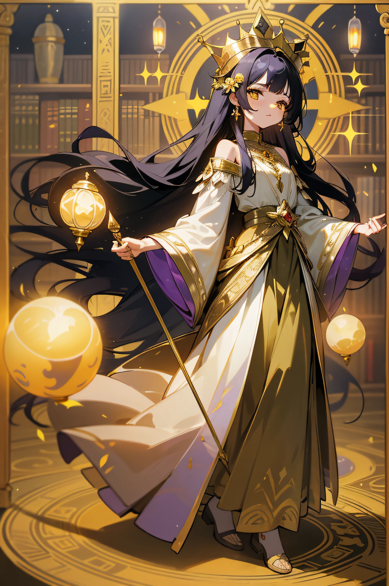Super long skirt little girl, purple long skirt, mole, thin face, full body, skirt covering shoulders, skirt with a lot of gold and silver jewelry, skirt to the ground, ancient style, hairpin, golden crown, golden flower, background is magic library bookshelf, stepping on golden yellow bright magic array, holding a magic staff, magic array, a full moon on the head, magic array with upward wind, fantasy, a round of round lights, there are many golden flowers on the lamp, long black hair, 4K, high quality, detail, ray tracing, wind, messy, super clear, full moon lantern, Indoor, back