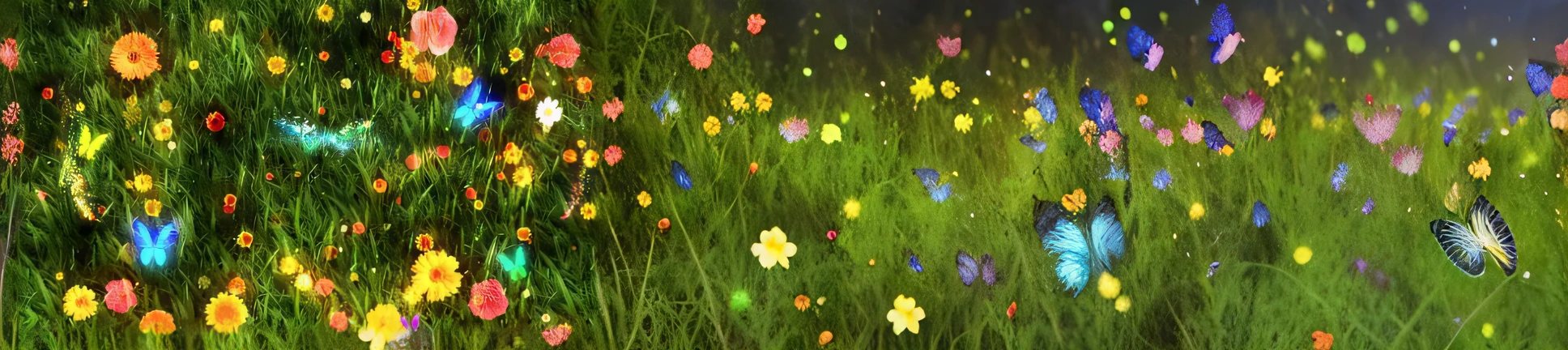a close up of a field of flowers with butterflies flying around, grass and flowers, flowers and butterflies, field of fantasy flowers, flower meadow, magical flowers, in a field of flowers, glowing flowers, floral environment, magical colorful flowers, with bloom ethereal effects, luminous grassy background, flowerfield, glowing butterflies, summer meadow, luminous flowers, meadow flowers