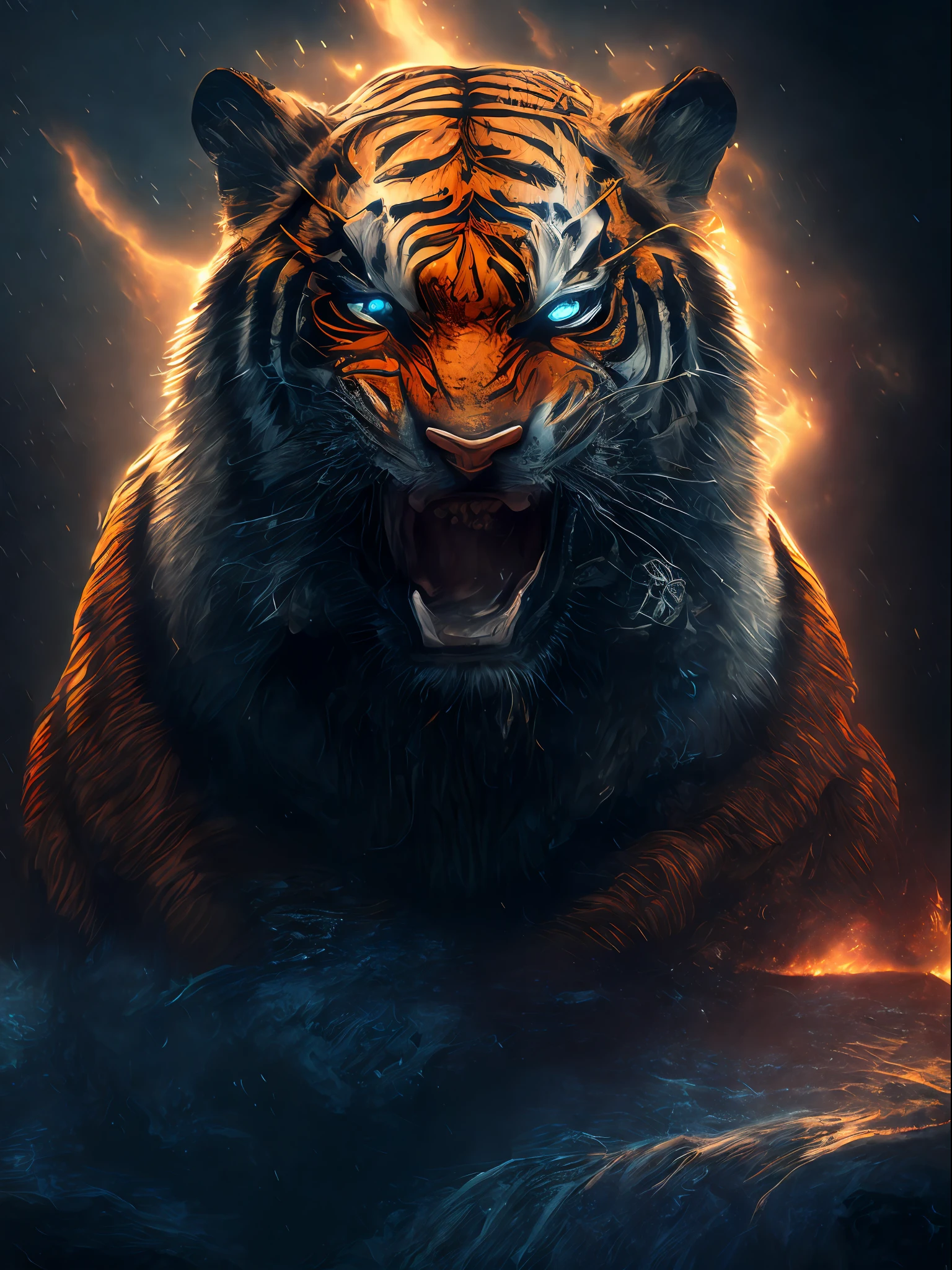 Tiger GOD, surreal, tense, cold, highly detailed, sharp, professional, 8k UHD, movie, dark orange , violent, outdoor, river, battle, chase, dramatic, vivid, tense atmosphere, rendering, epic, twilight, HDR, album cover, blizzard, lightning, disaster