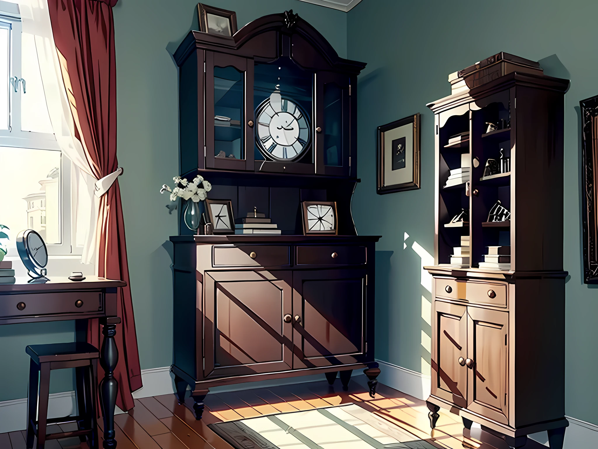 A room, shoe cabinet, a clock on the wall with hands pointing to 10