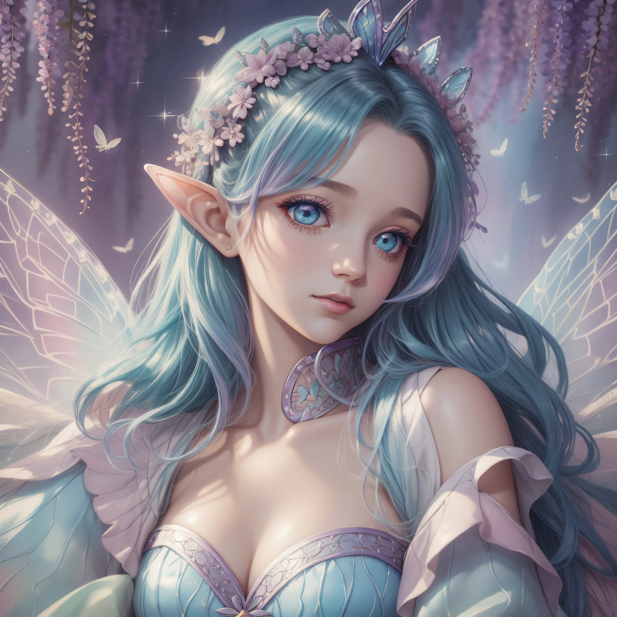 Princess girl with wing, Blue, Pastel, glitter, dramatic, dreamy, pastel, Watercolor, Whimsical, Delicate, seashell crown, Trending on Artstation, Highly detailed, Intricate, Portrait, digital painting, Fantasy theme, Fantasy robes, Fantasy concept art, Fantasy character art, Smug, Teenage girl, perfect body, full body, dreamy, pastel, Watercolor, Whimsical, Delicate, seashell crown, art by loish and lois van baarle, Trending on Artstation, Highly detailed, Intricate, Portrait, digital painting, fabulously beautiful fairy elf, luminous wings, cute, 8k, ((masterpiece)), (best quality), (detailed), Beautiful, big, lovely eyes, Beautiful, goddess, nature girl, queen, Hyper realistic, HD, cards